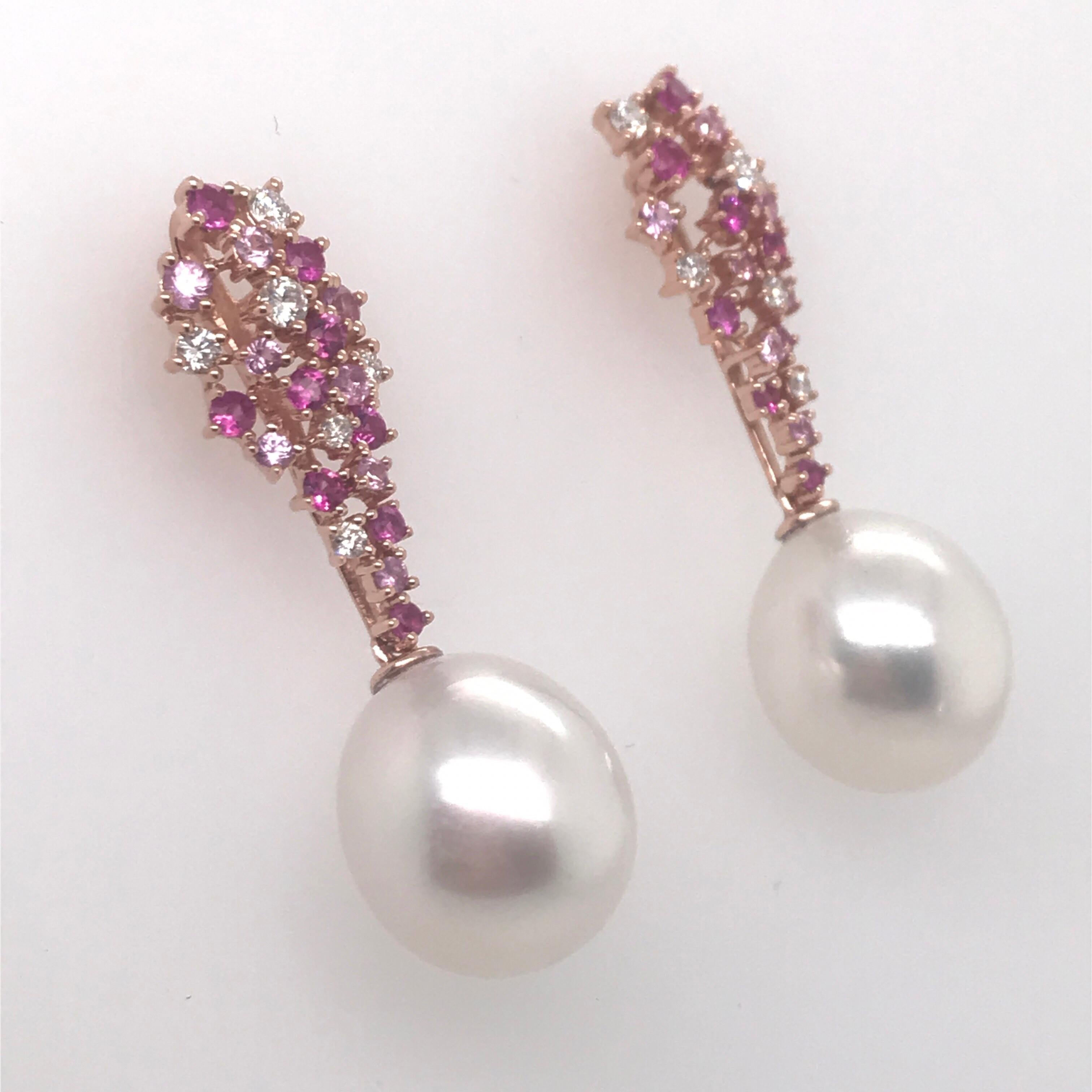 Women's Pink Freshwater Pearl Diamond Sapphire Earrings 1.41 Carat 18 Karat