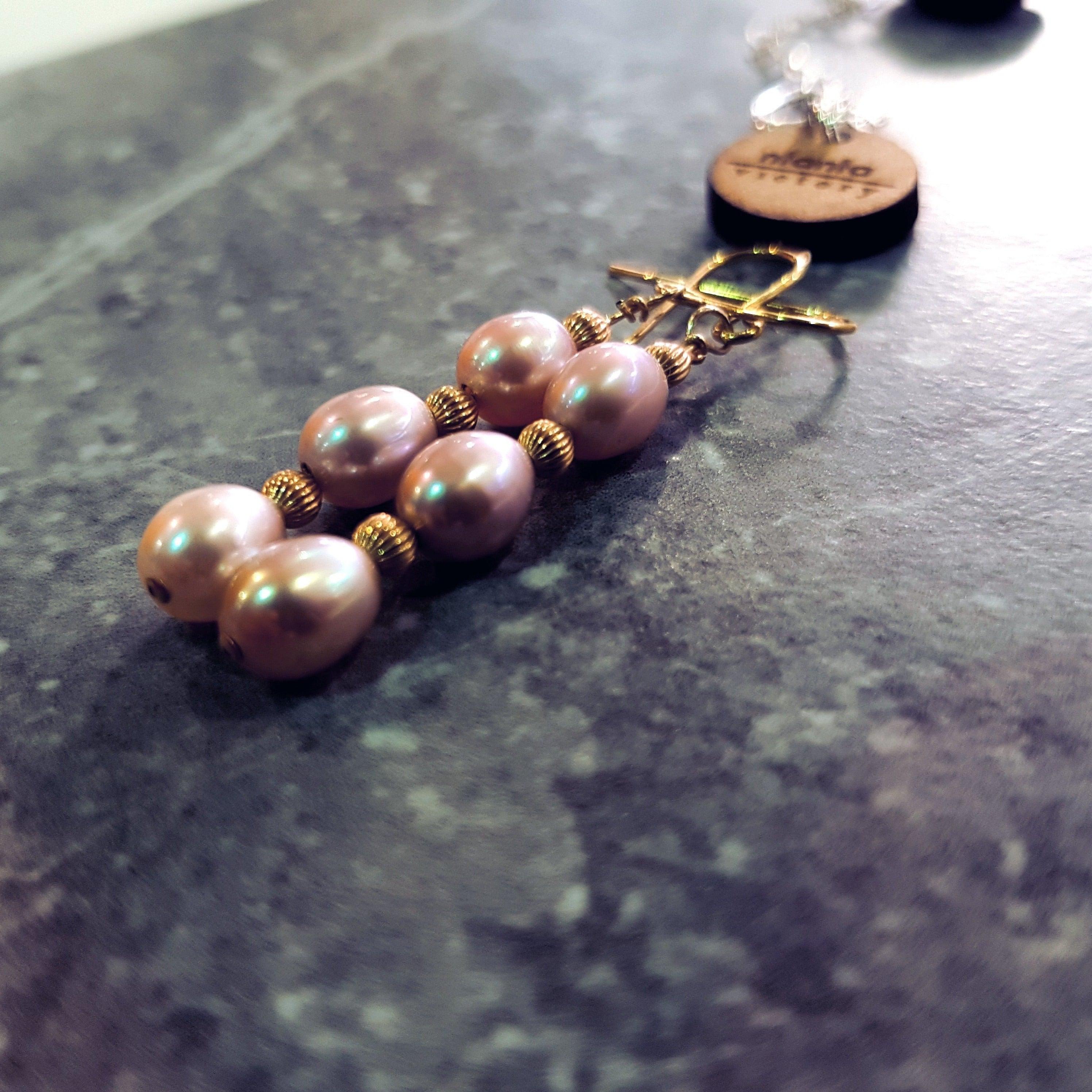 Bead Pink Freshwater Pearl Earrings, Yellow 9k Gold earrings  by nlanlaVictory For Sale