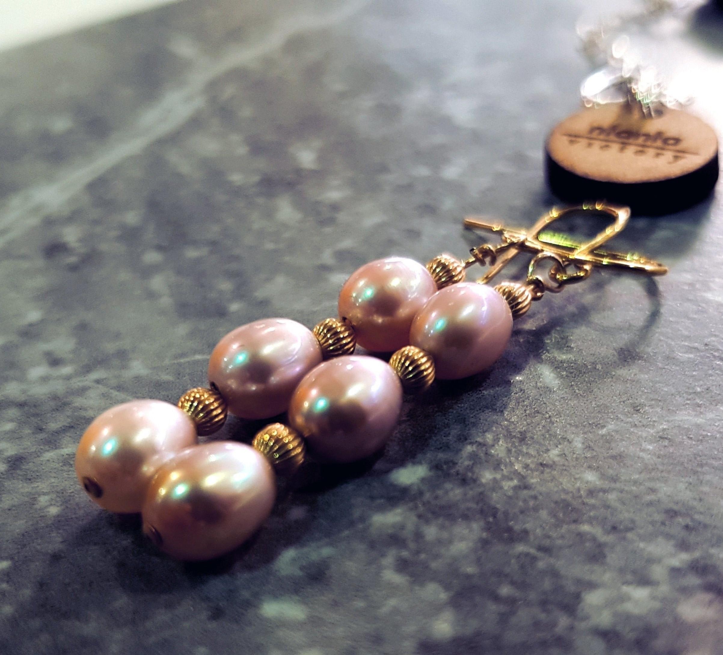 Women's Pink Freshwater Pearl Earrings, Yellow 9k Gold earrings  by nlanlaVictory For Sale