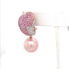 Pink Freshwater Pearl Pink Sapphire Diamond Earrings 5.25 Carat 18 Karat Gold