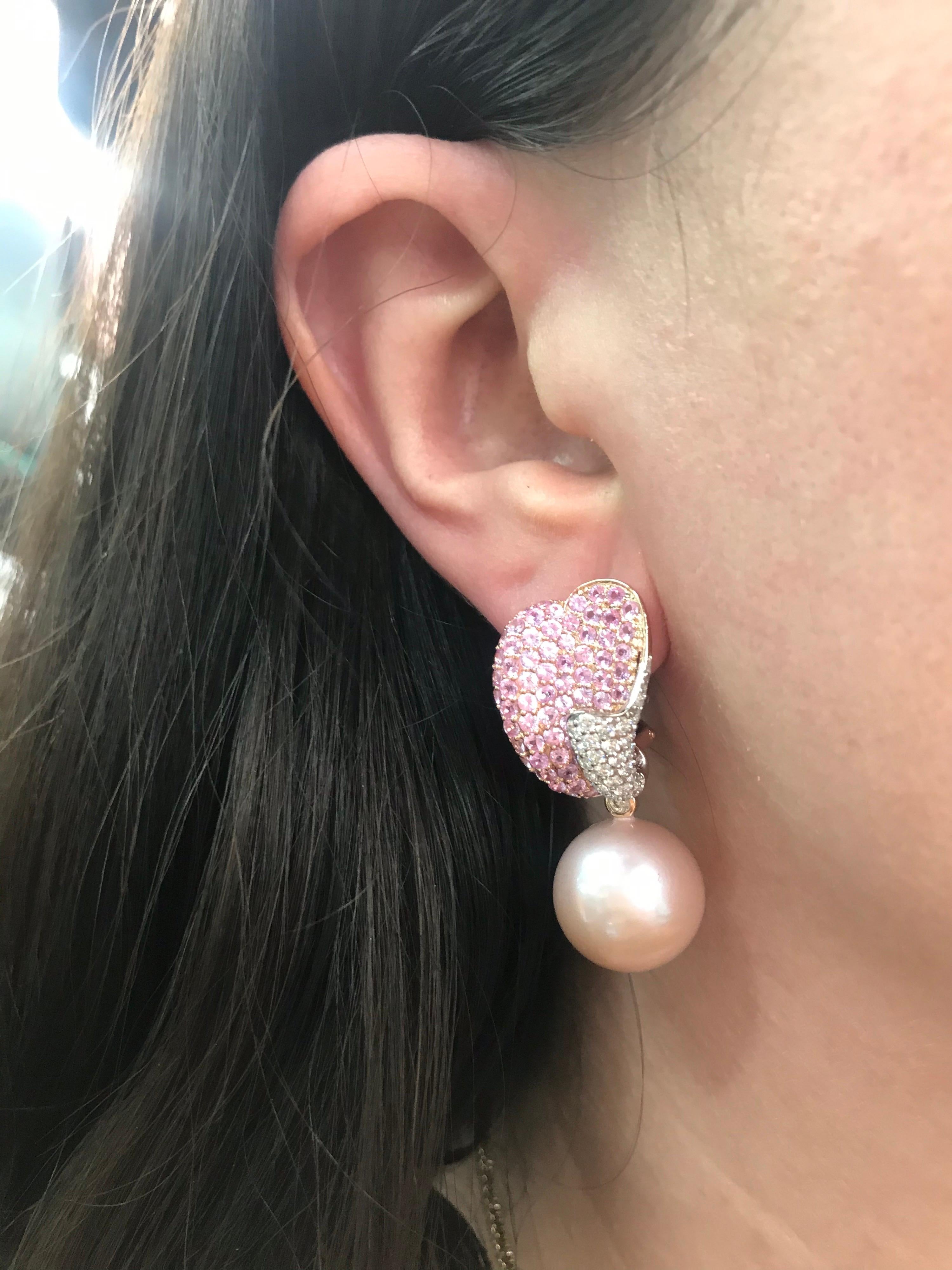 Round Cut Pink Freshwater Pearl Pink Sapphire Diamond Earrings 5.25 Carat 18 Karat Gold For Sale