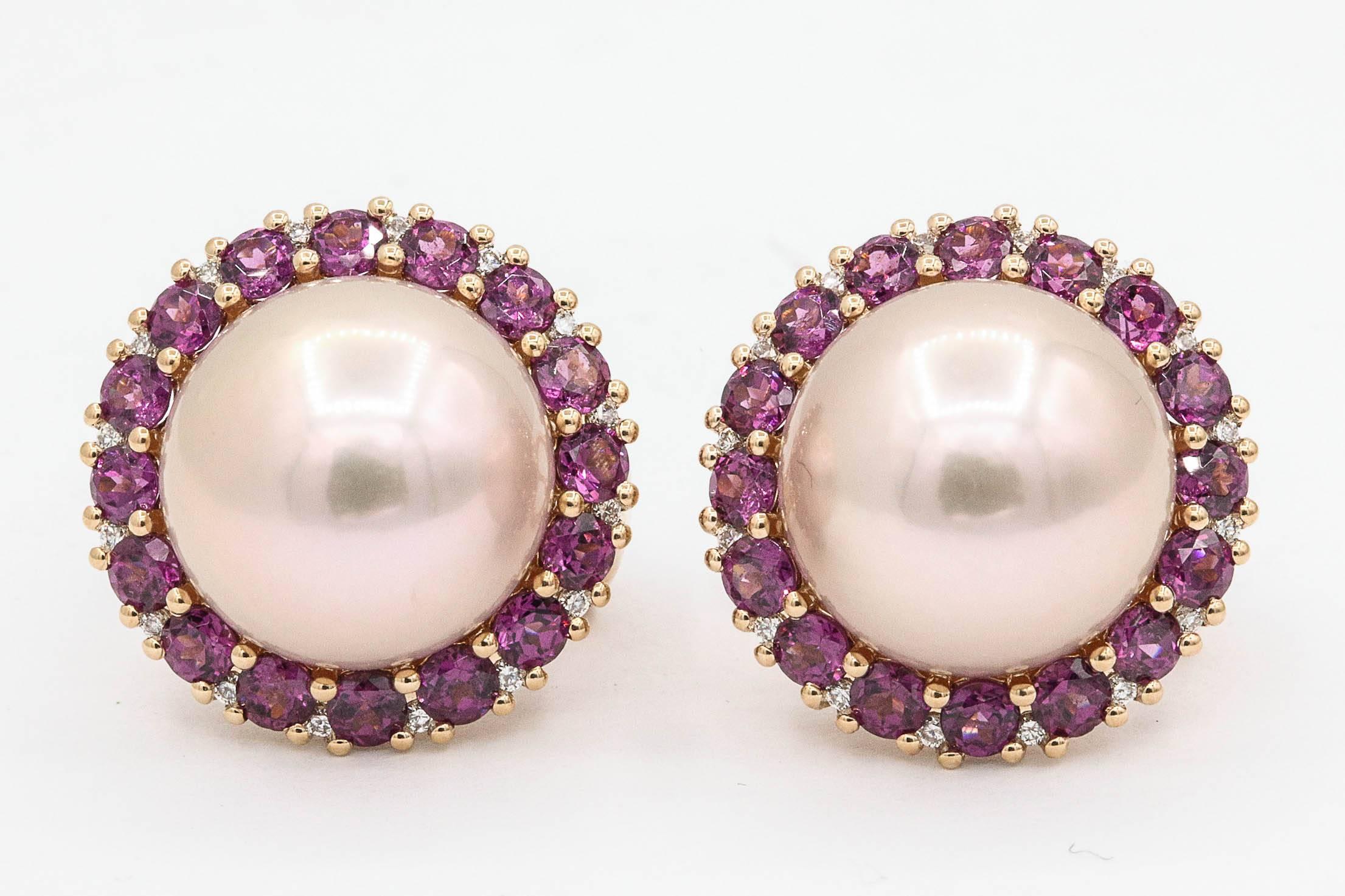 Round Cut Pink Freshwater Pearl Rhodolite Halo Stud Earrings 3.82 Carats 18KT Rose Gold For Sale