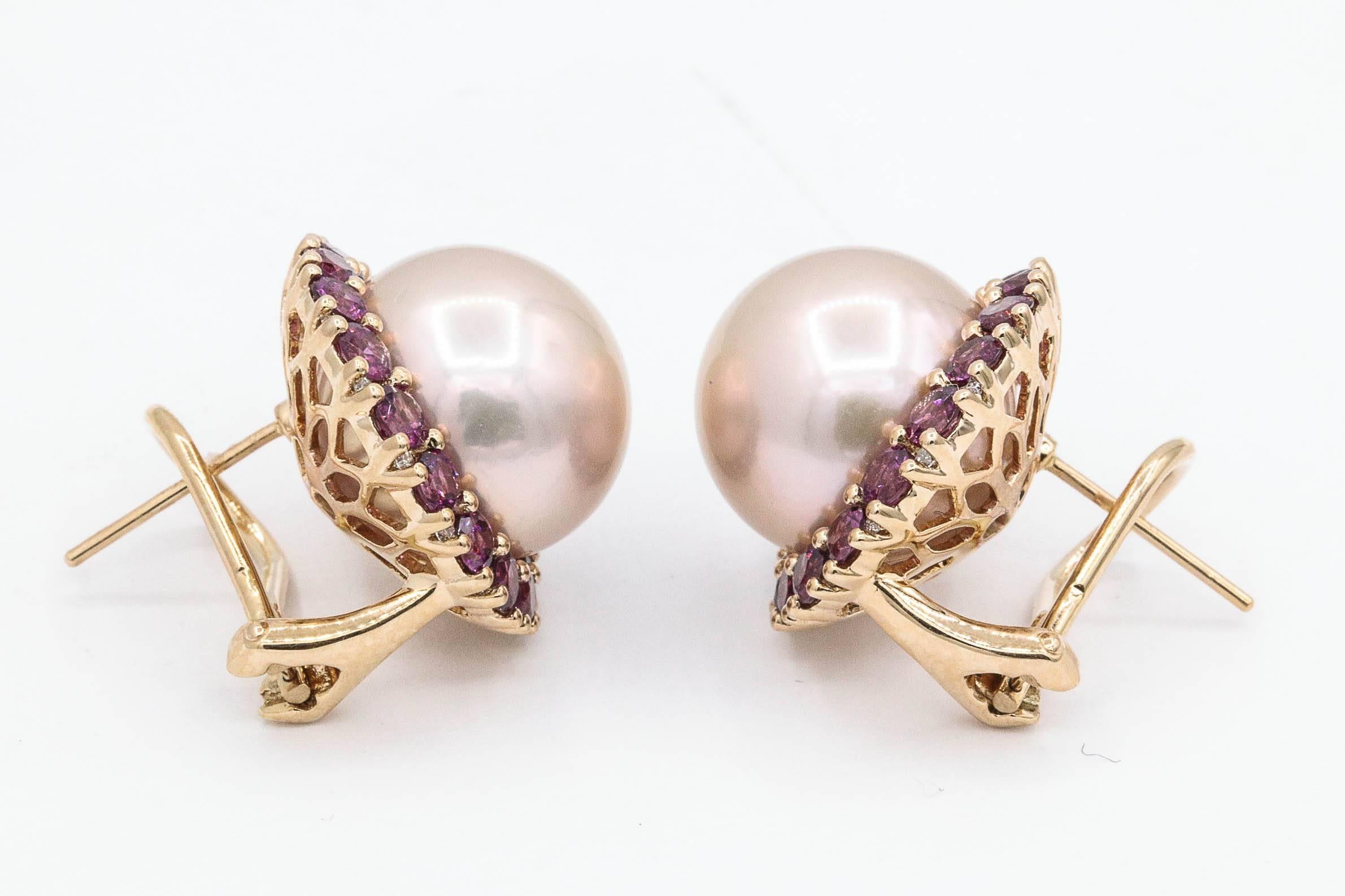 Pink Freshwater Pearl Rhodolite Halo Stud Earrings 3.82 Carats 18KT Rose Gold In New Condition For Sale In New York, NY