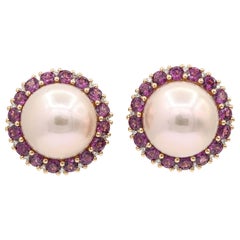 Pink Freshwater Pearl Rhodolite Halo Stud Earrings 3.82 Carats 18KT Rose Gold
