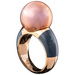 Pink Freshwater Pearl Ring in 18 Karat Rose Gold and Grey Ceramic