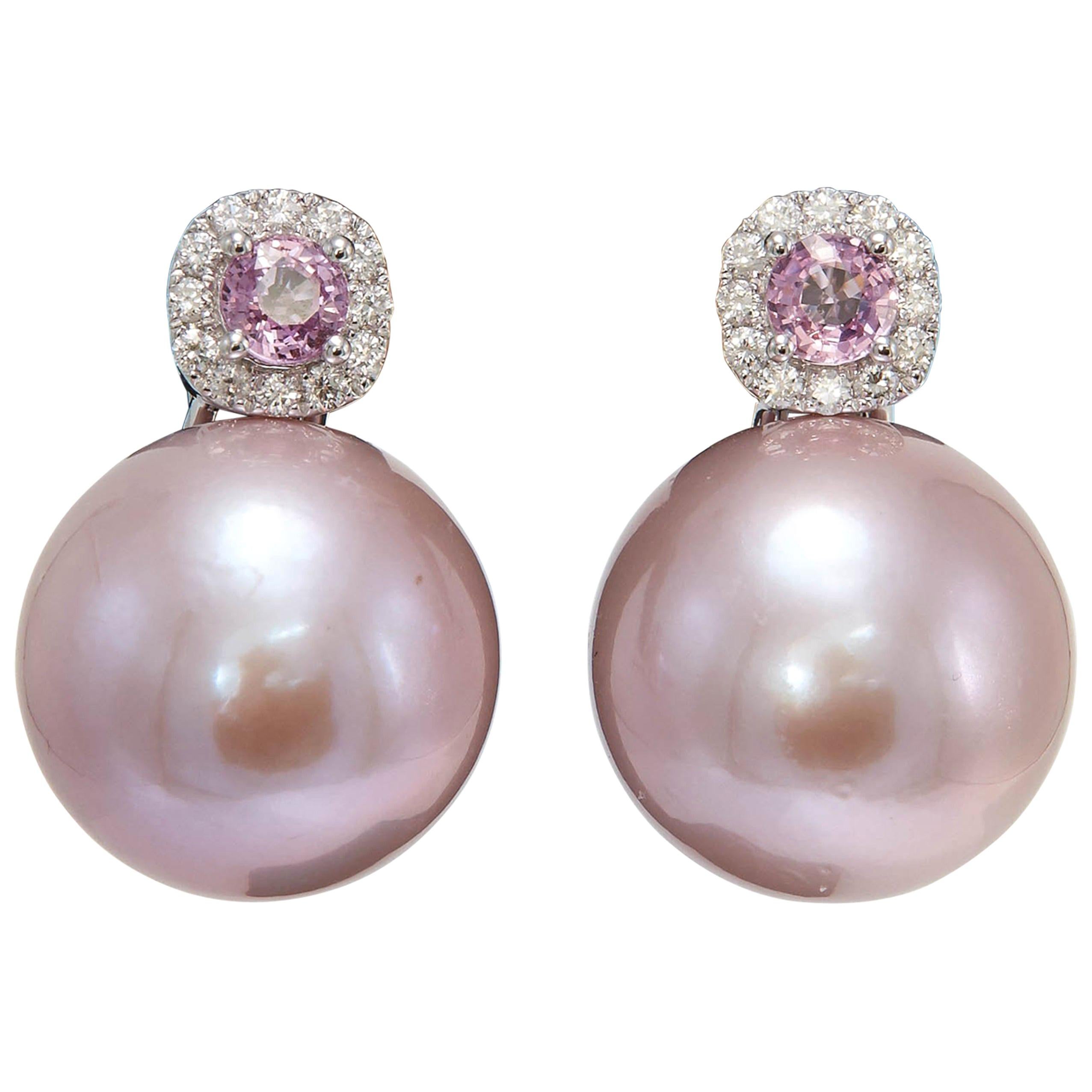 Pink Freshwater Pearl with Pink Sapphire and Diamonds Drop Earrings For Sale