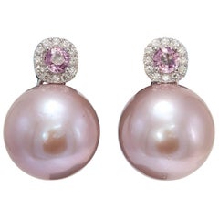 Pink Freshwater Pearl with Pink Sapphire and Diamonds Drop Earrings