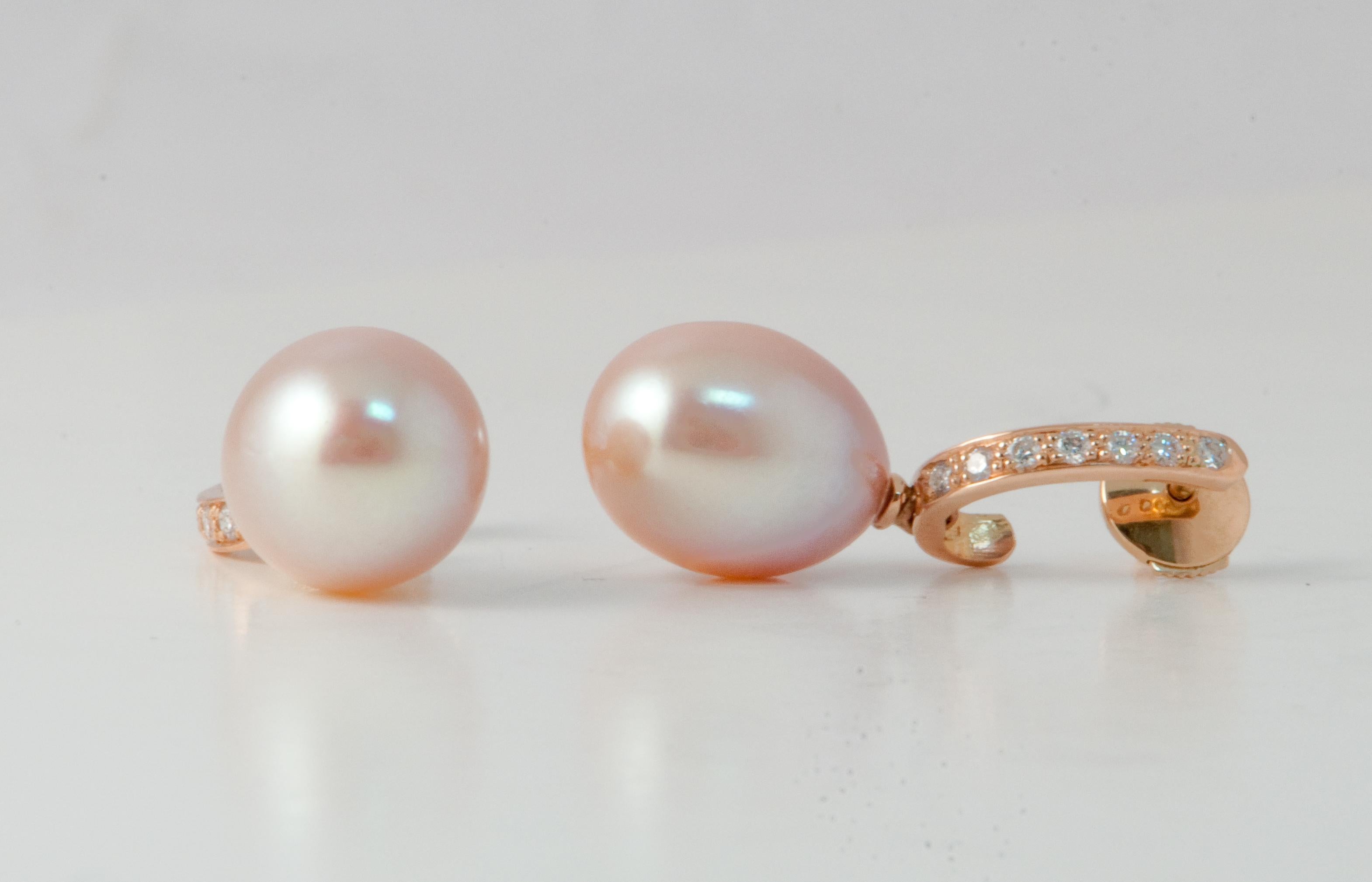 Pink Freshwater Pearls and White Diamonds on Pink Gold 18 Karat Drop Earrings 6
