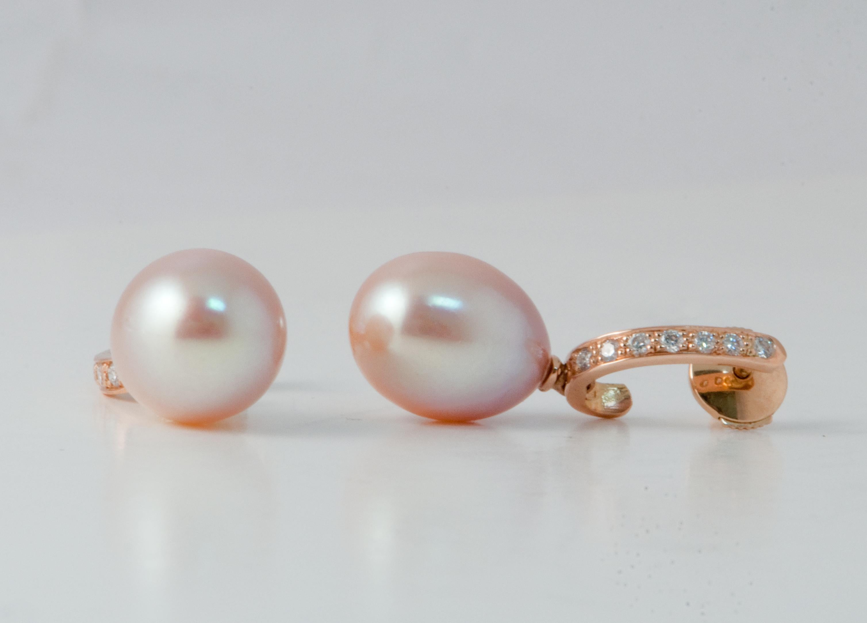 Pink Freshwater Pearls and White Diamonds on Pink Gold 18 Karat Drop Earrings 7
