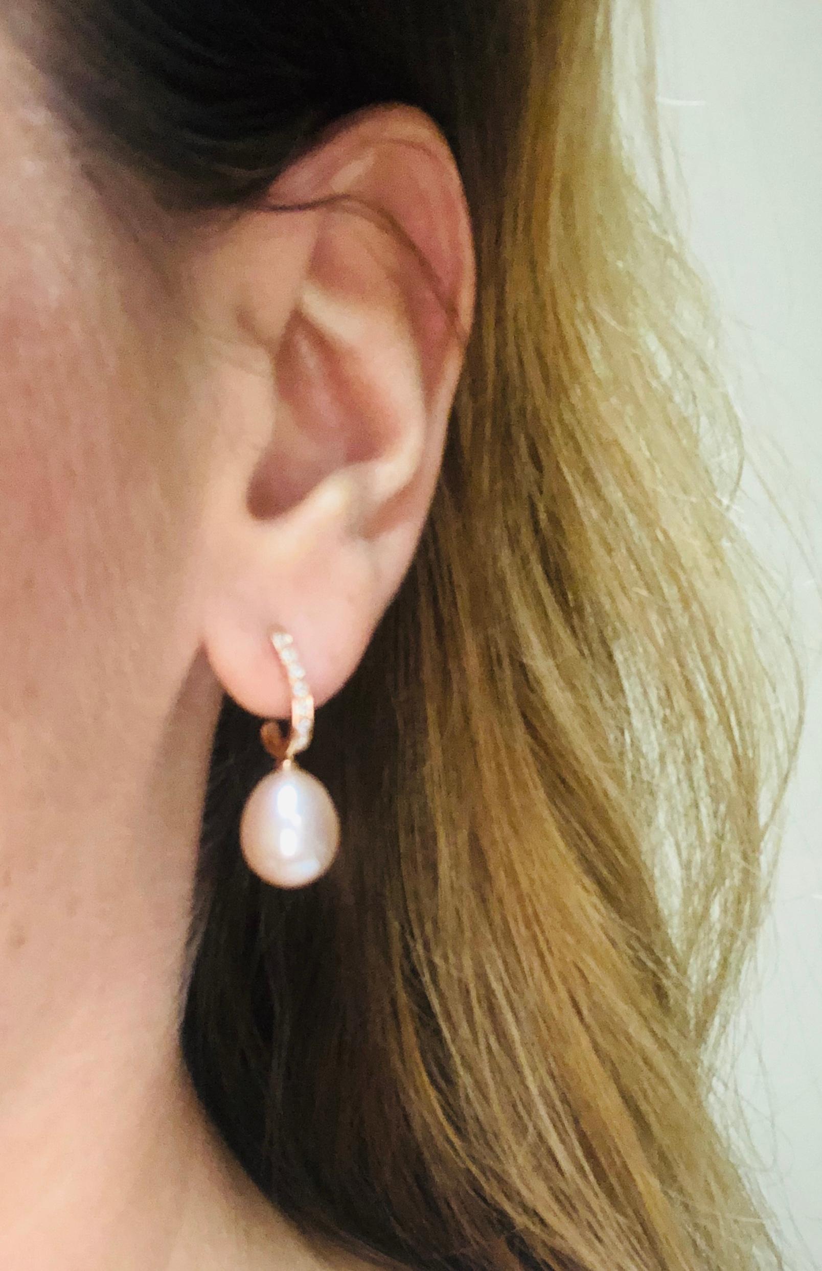 Pink Freshwater Pearls and White Diamonds on Pink Gold 18 Karat Drop Earrings 9