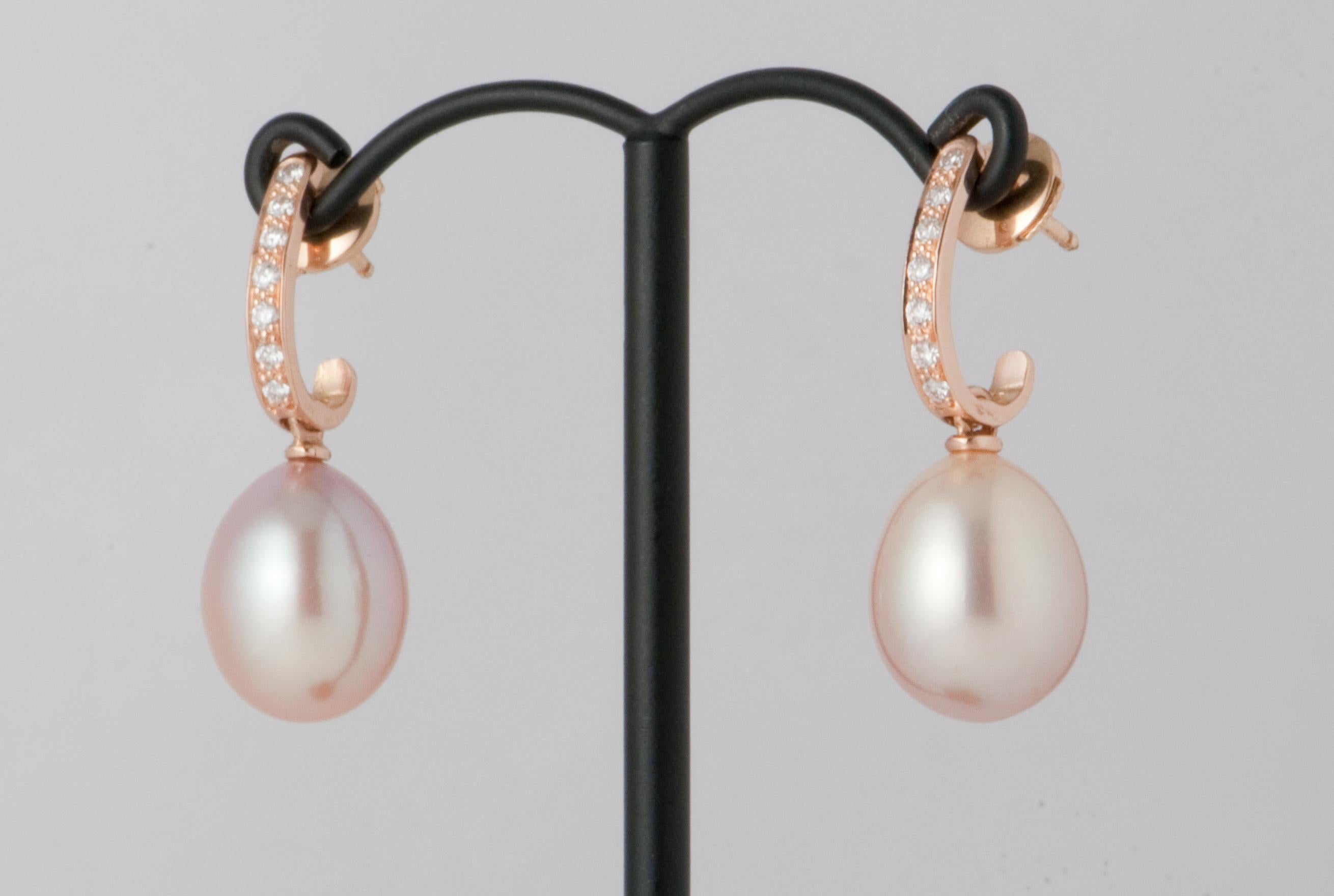 Women's Pink Freshwater Pearls and White Diamonds on Pink Gold 18 Karat Drop Earrings