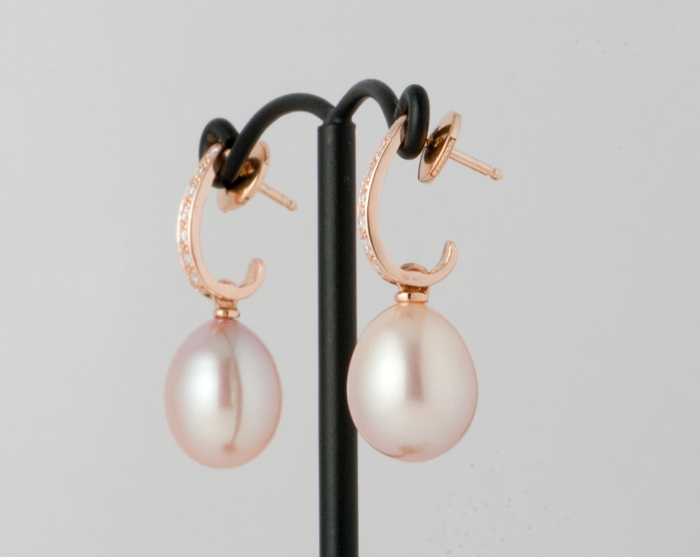 Pink Freshwater Pearls and White Diamonds on Pink Gold 18 Karat Drop Earrings 1