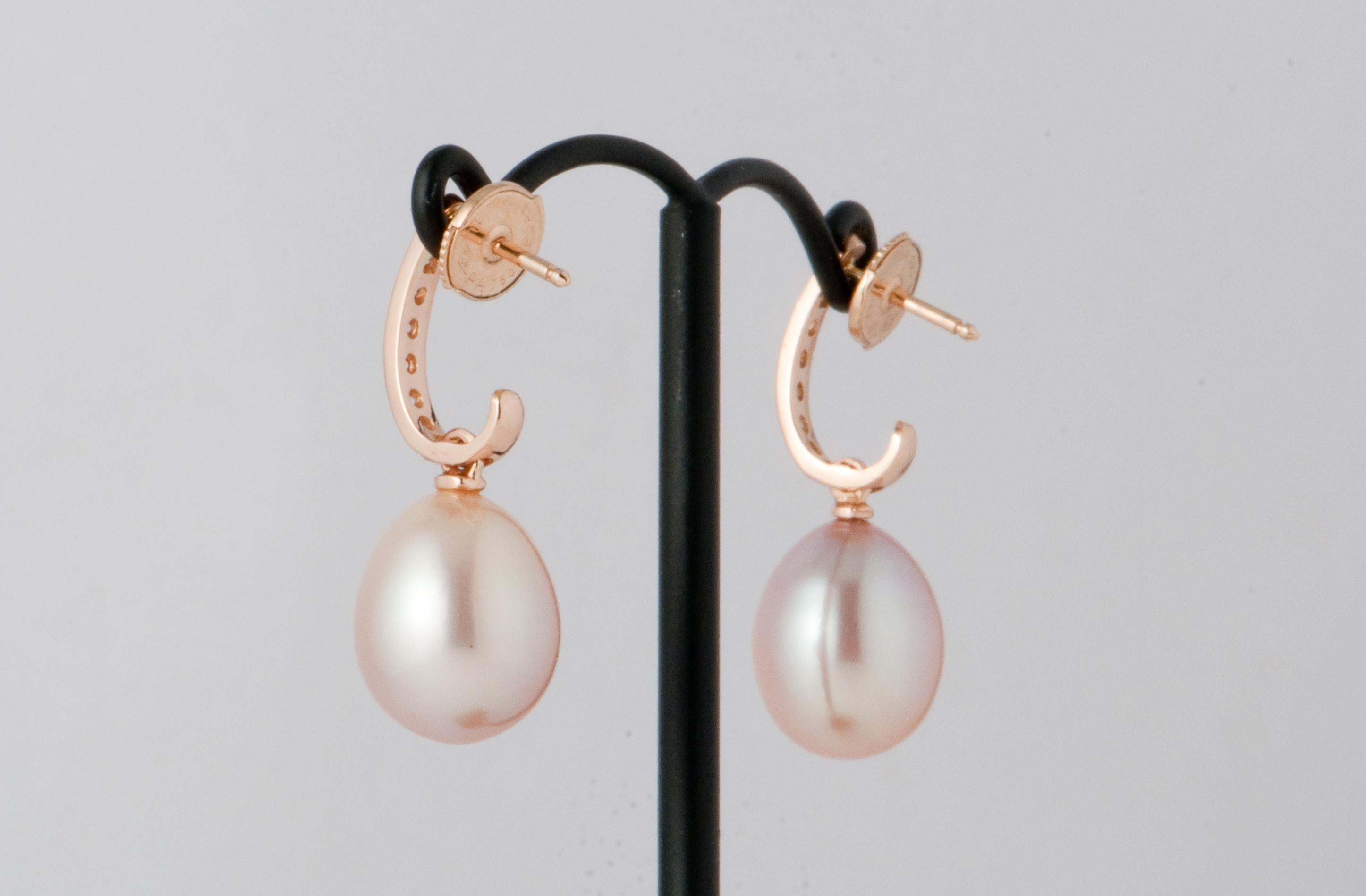 Pink Freshwater Pearls and White Diamonds on Pink Gold 18 Karat Drop Earrings 2