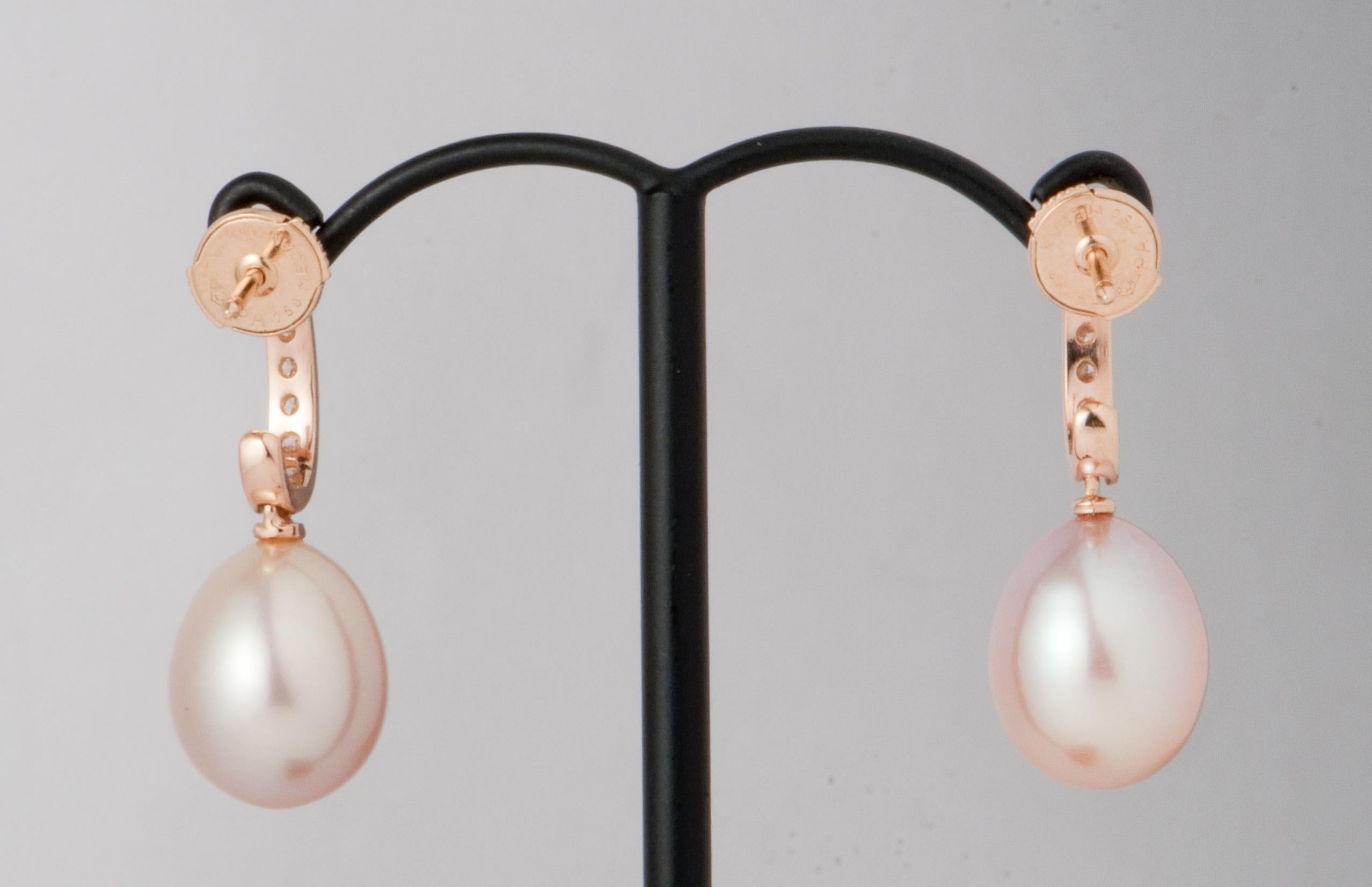 Pink Freshwater Pearls and White Diamonds on Pink Gold 18 Karat Drop Earrings 3