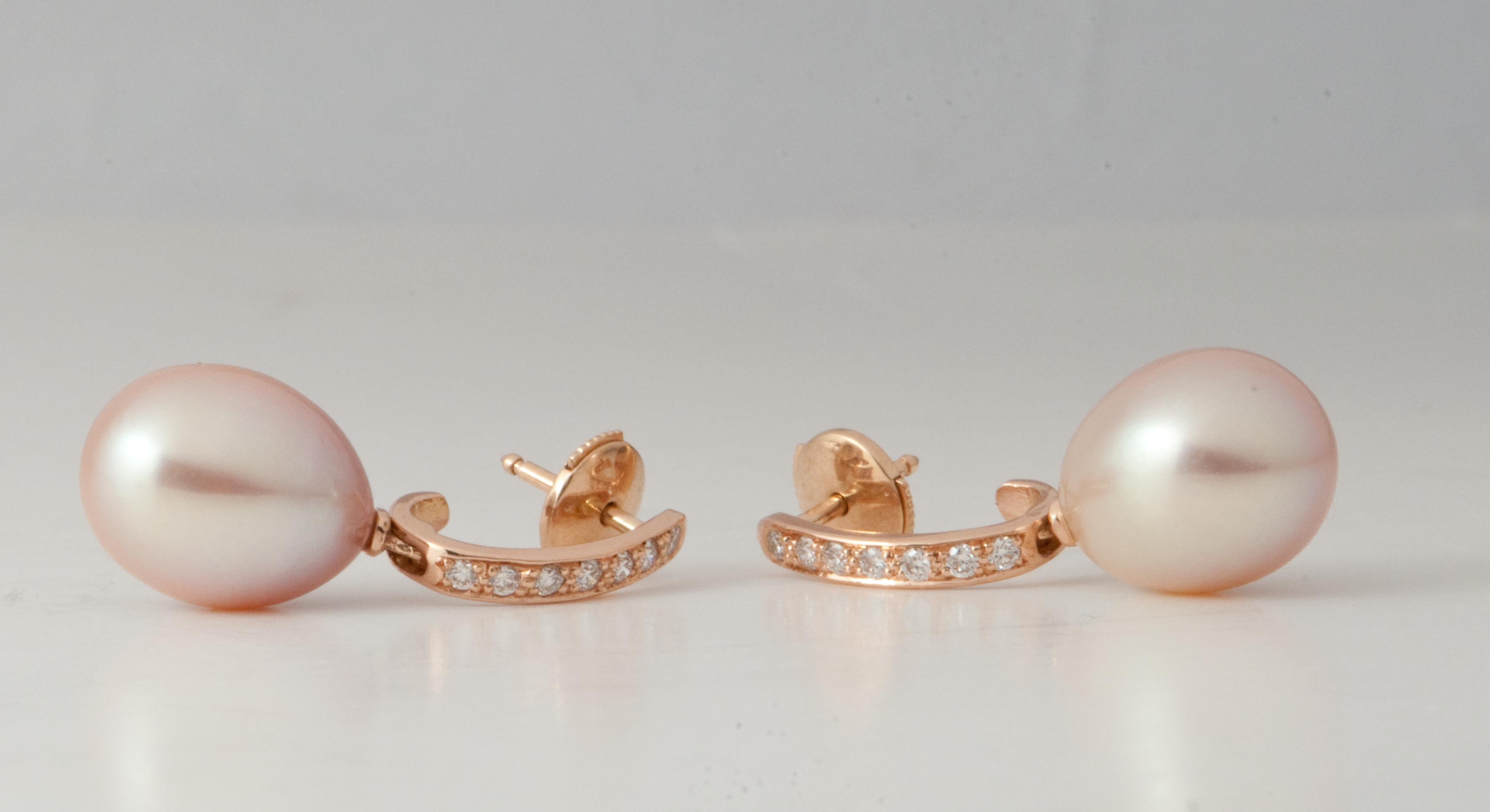Pink Freshwater Pearls and White Diamonds on Pink Gold 18 Karat Drop Earrings 4