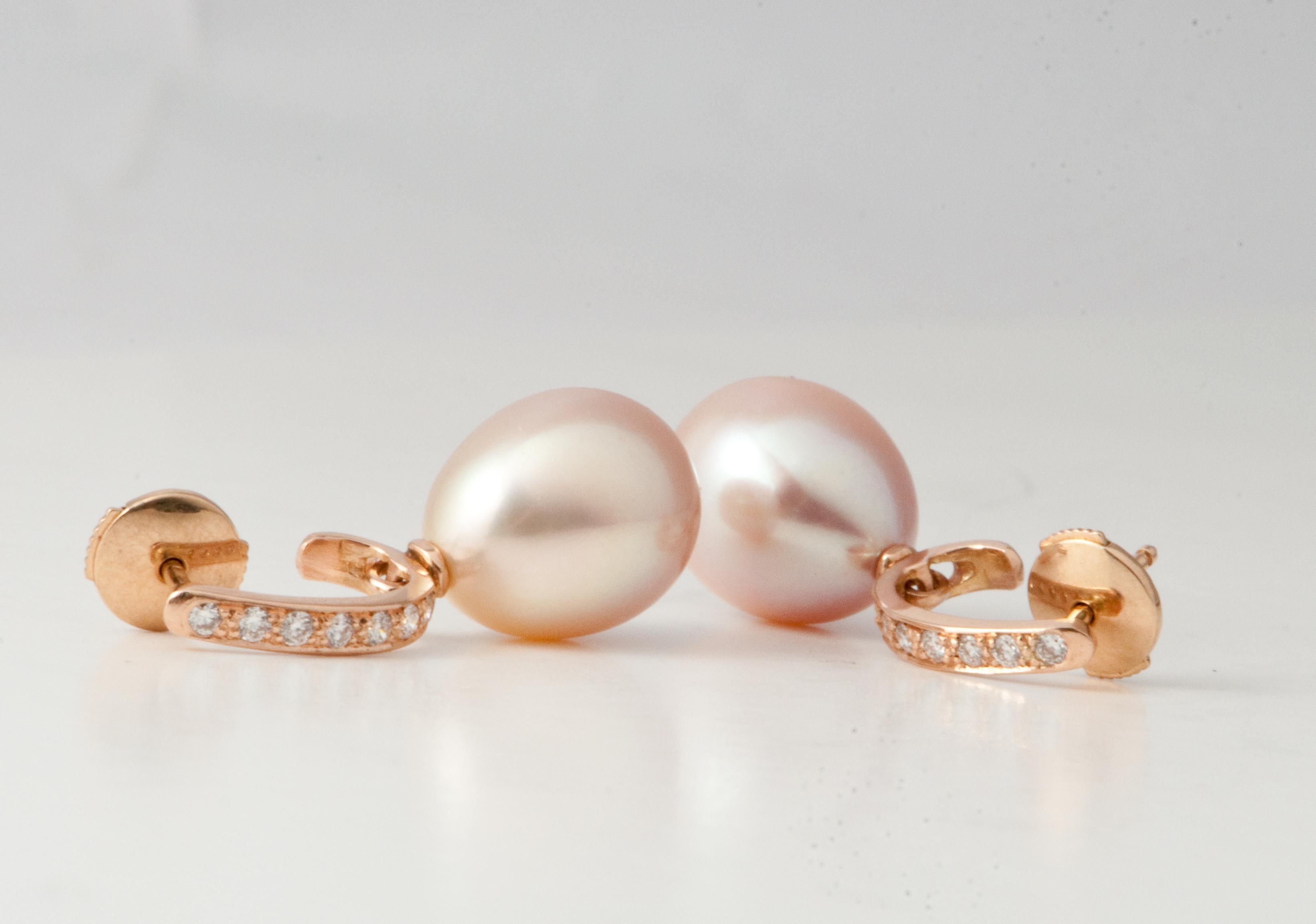 Pink Freshwater Pearls and White Diamonds on Pink Gold 18 Karat Drop Earrings 5