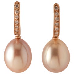 Pink Freshwater Pearls and White Diamonds on Pink Gold 18 Karat Drop Earrings