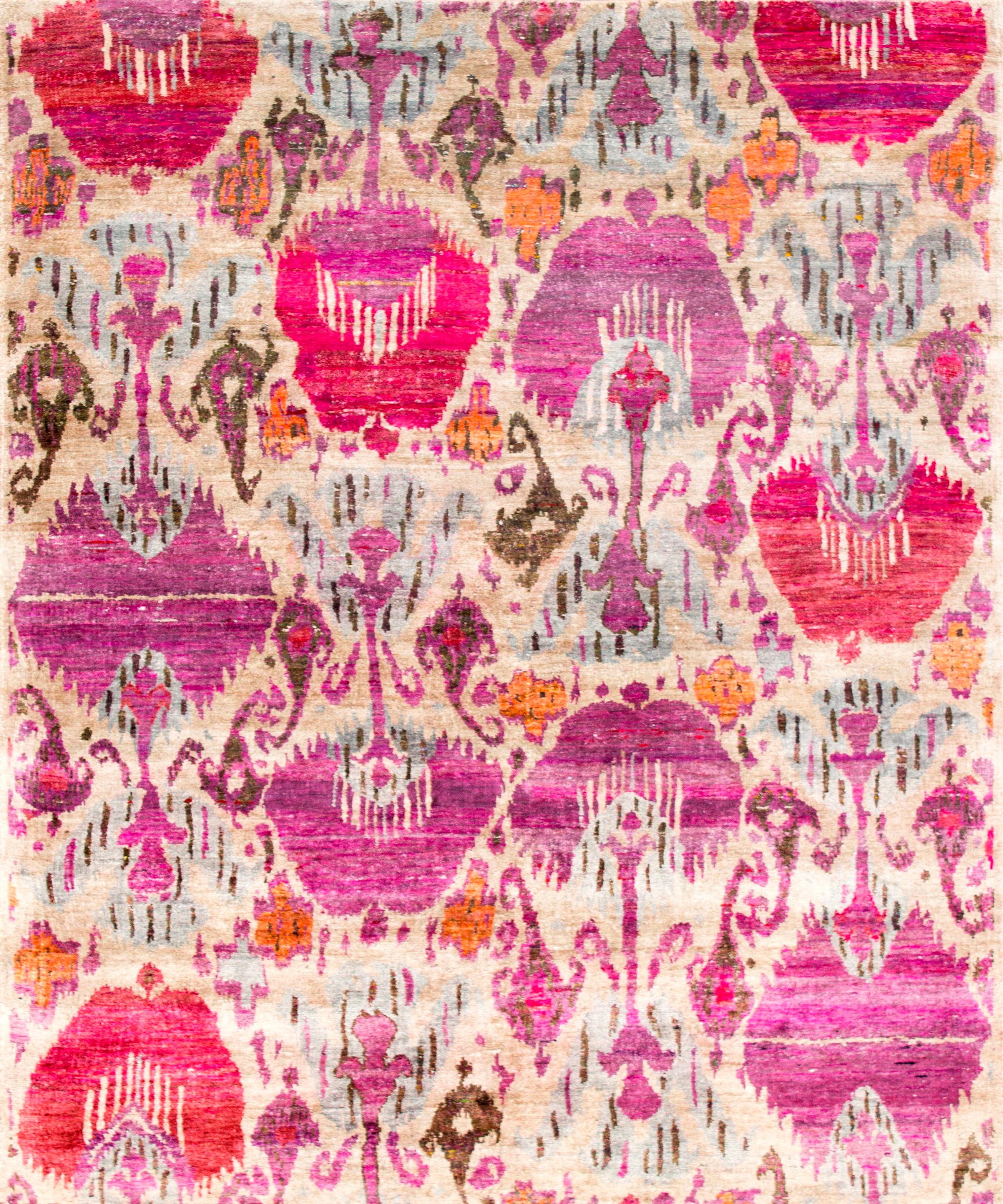 Contemporary Modern Pink Purple Lilac Beige Silver Ikat Design Natural Silk Hand-Knotted Rug For Sale