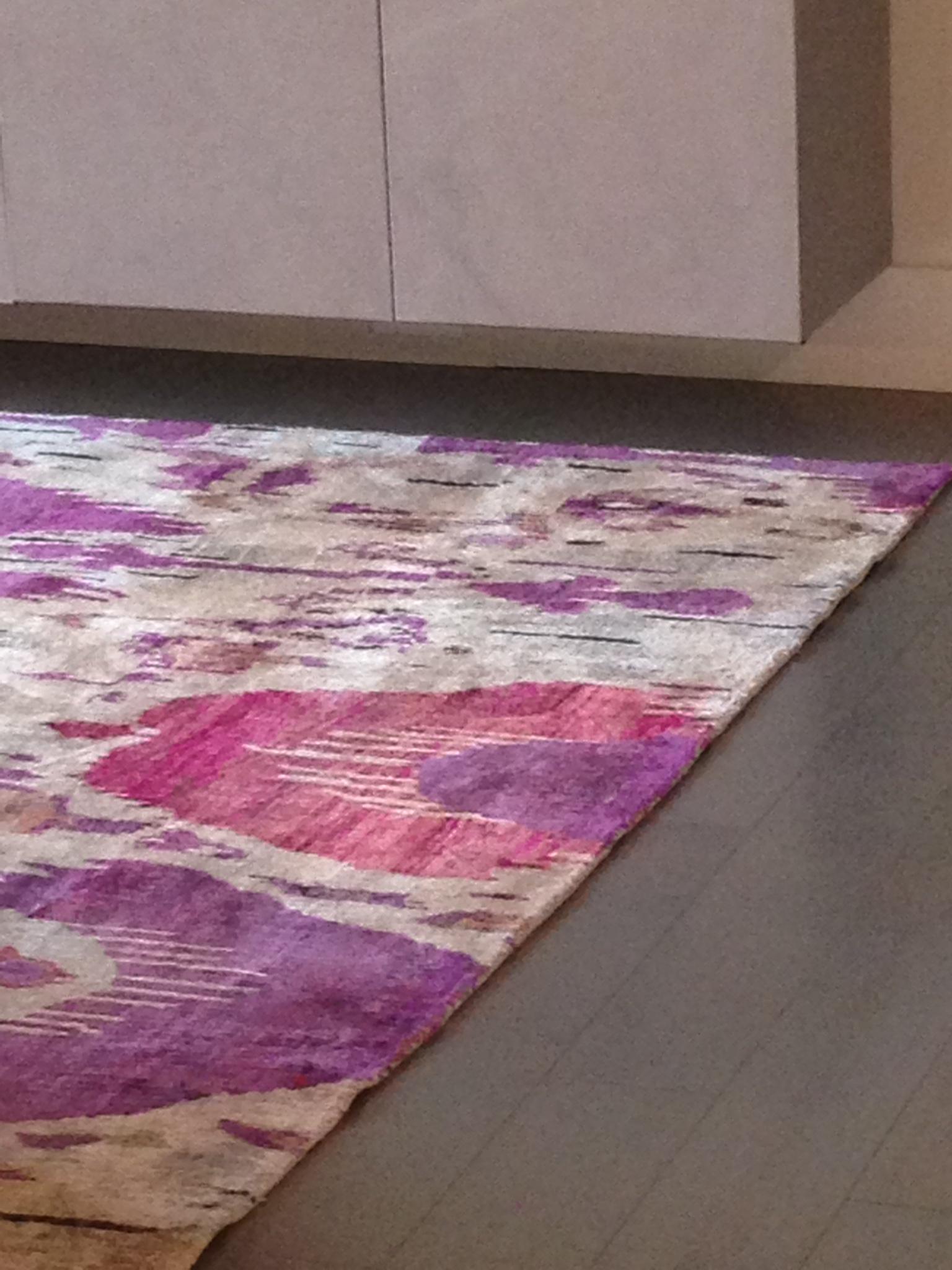 Indian Pink Fuchsia Purple Lilac Oat Silver Beige Ikat Natural Silk Woven Rug in Stock