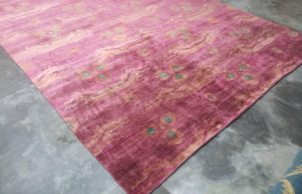Organic Modern Pink Fuchsia Teal Ikat Design Hand-knotted Soft Natural Silk Rug