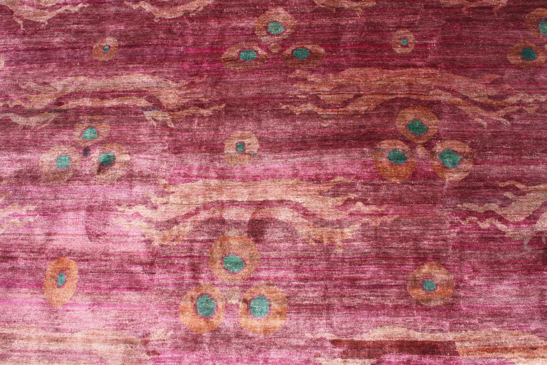 Organic Modern Pink Fuchsia Teal Chinese Design Hand Knotted Soft Natural Silk Ikat Rug For Sale