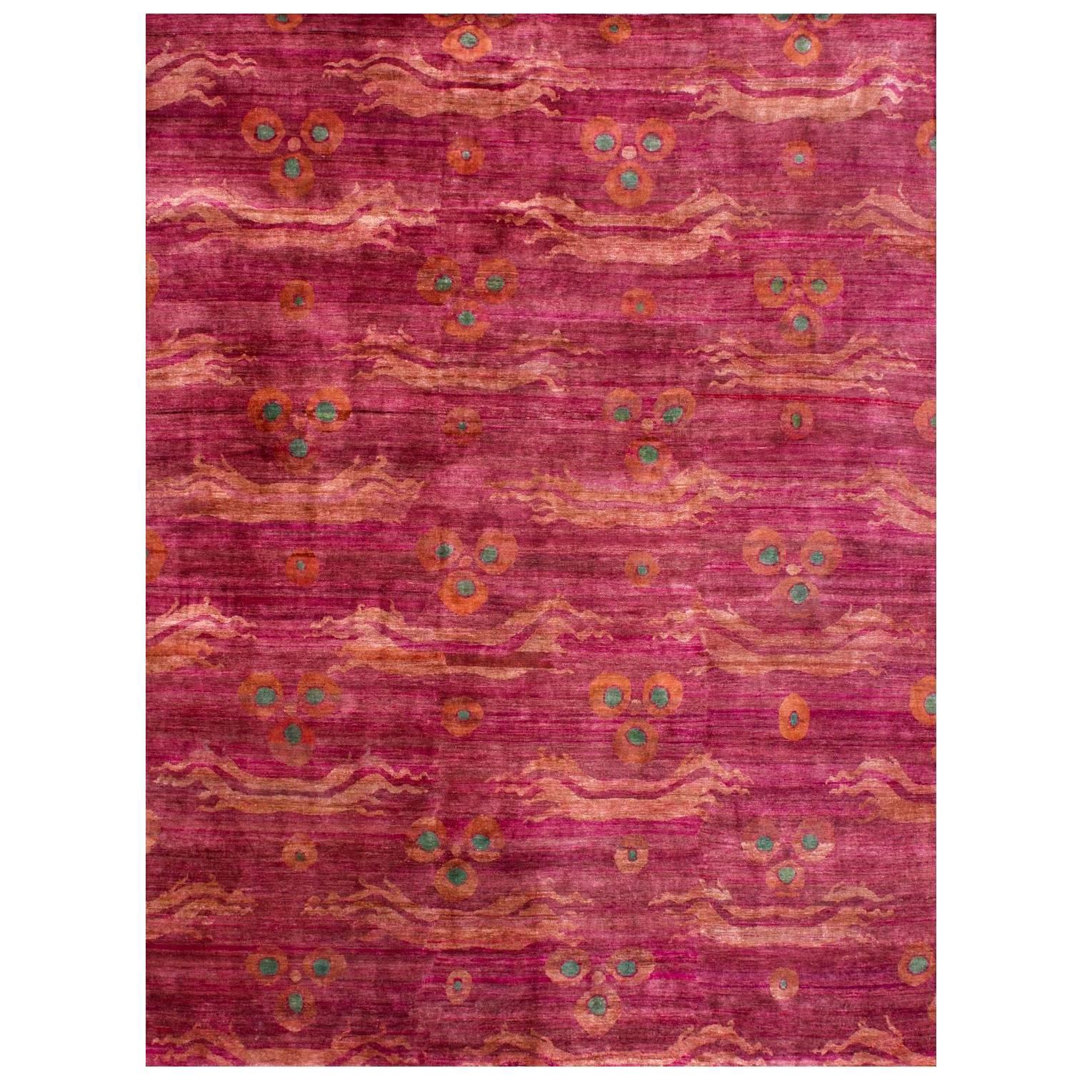 Pink Fuchsia Teal Ikat Design Hand-knotted Soft Natural Silk Rug