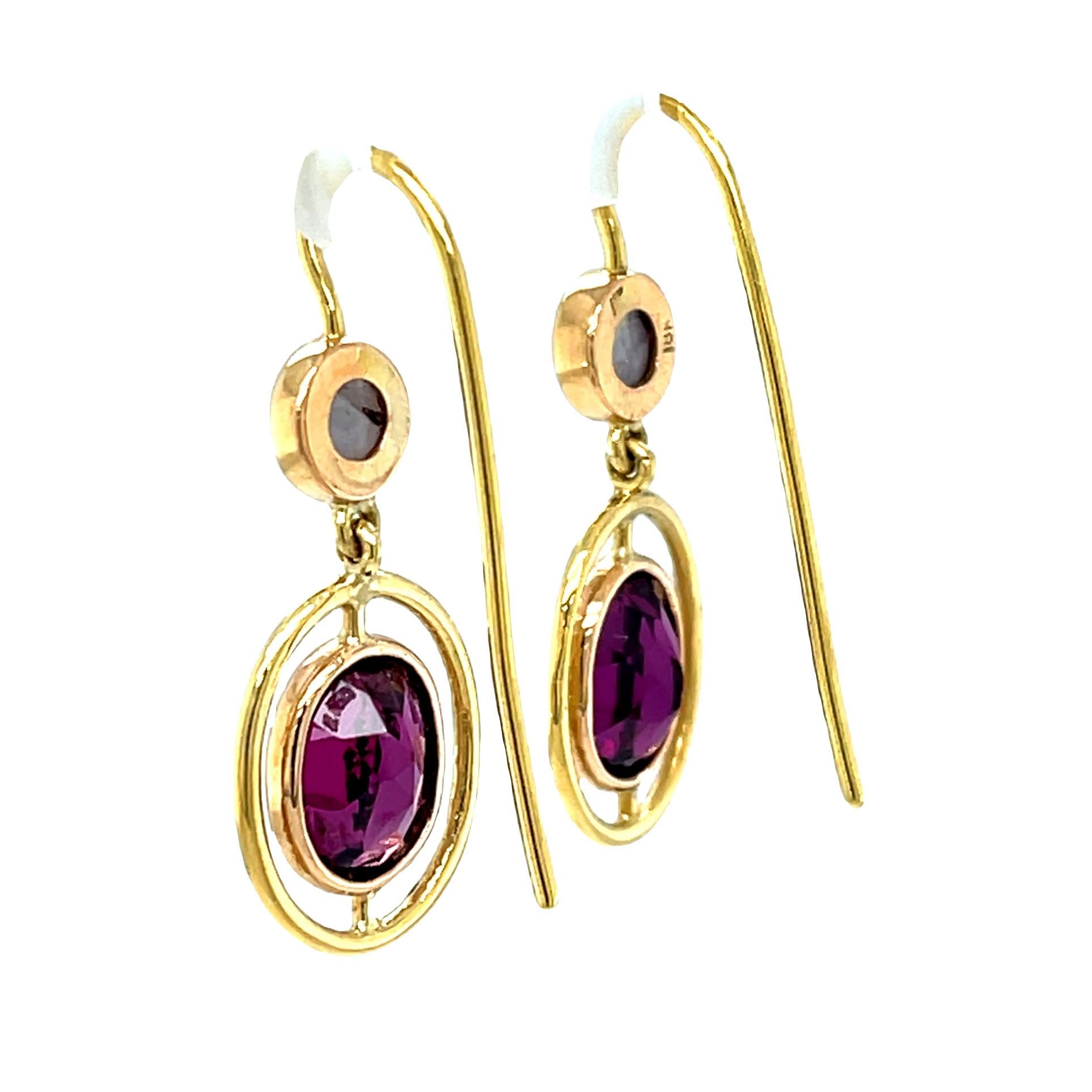 Oval Cut Pink Garnet and Star Sapphire Drop Earrings in Yellow and Rose Gold   For Sale