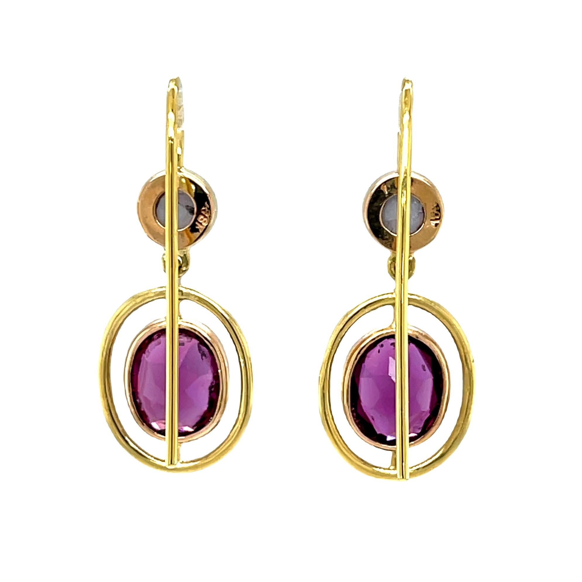 Pink Garnet and Star Sapphire Drop Earrings in Yellow and Rose Gold   In New Condition For Sale In Los Angeles, CA