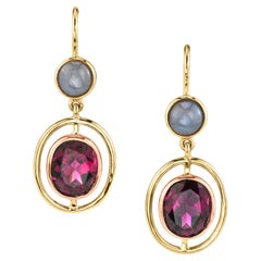 Pink Garnet and Star Sapphire Drop Earrings in Yellow and Rose Gold