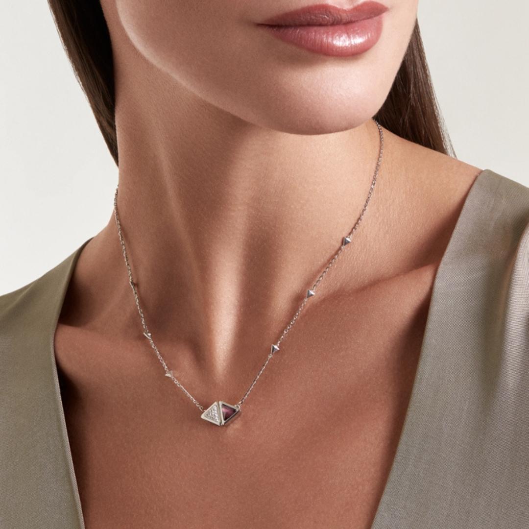 Artisan Pink garnet mirrored triangle white diamond pendant necklace For Sale