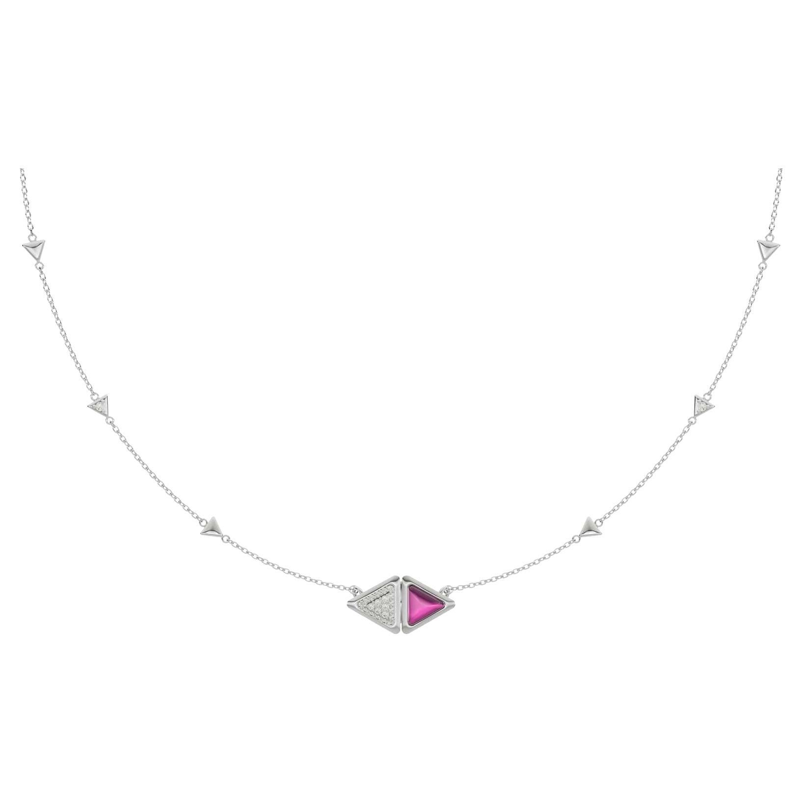 Pink garnet mirrored triangle white diamond pendant necklace