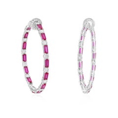 Pink Gemstone Hoop Earrings SI/H Diamond 18 Karat White Gold Handmade Jewelry