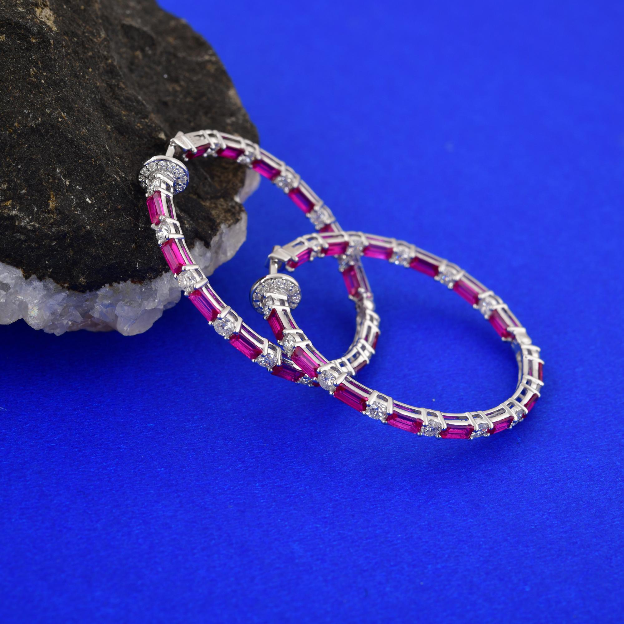 Donna Orecchini a cerchio con gemme rosa SI/H Diamante in oro bianco 18 carati Gioielli fatti a mano in vendita