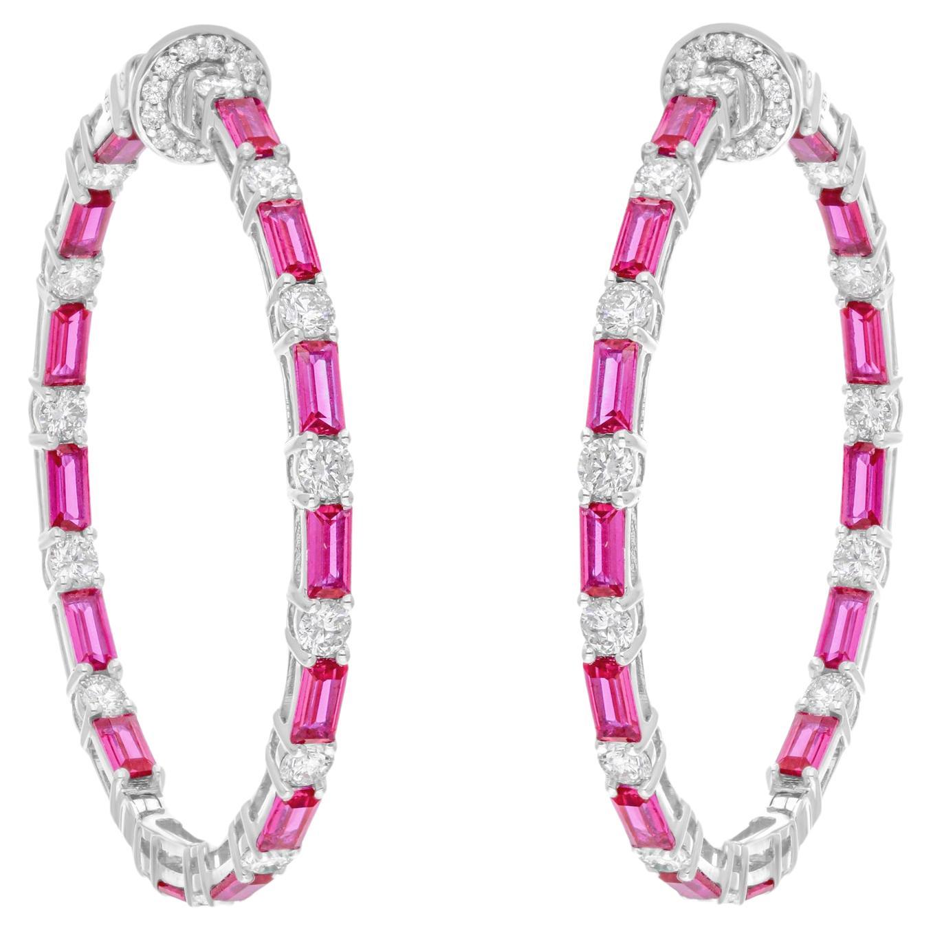 Pink Gemstone Hoop Earrings SI/H Diamond 18 Karat White Gold Handmade Jewelry