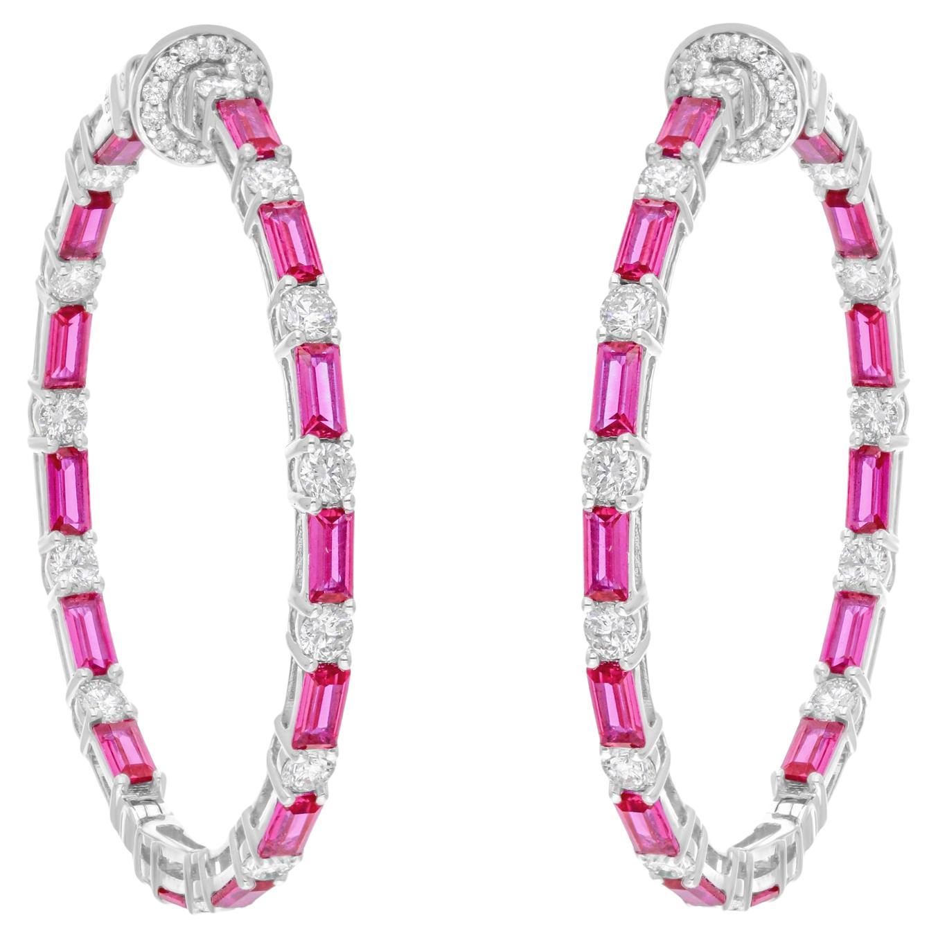 Pink Gemstone Hoop Earrings SI/H Diamond 18 Karat White Gold Handmade Jewelry