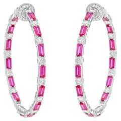 Pink Gemstone Hoop Earrings SI/H Diamond 18 Karat White Gold Handmade Jewelry