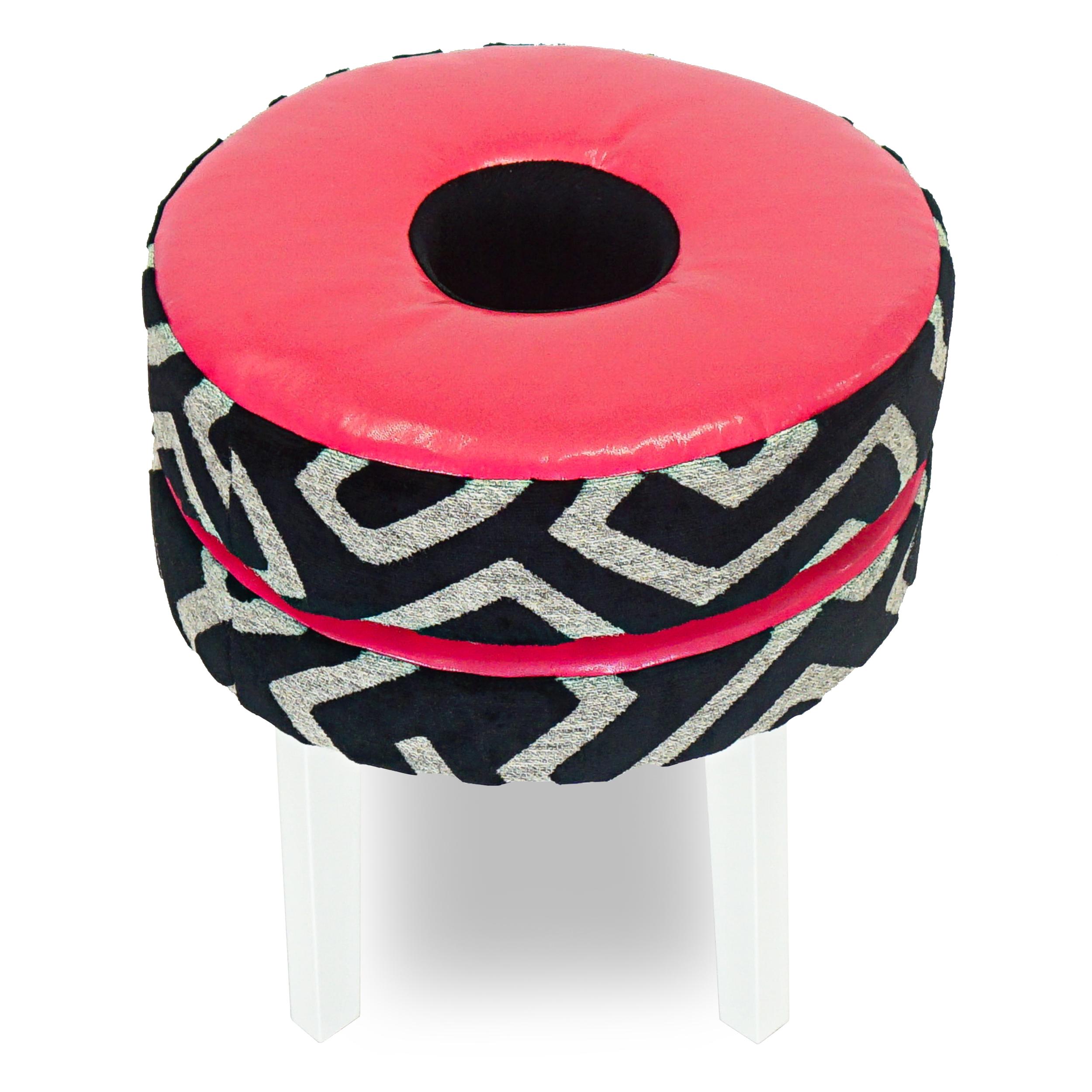 North American Pink Geometric Print Donut Stool For Sale