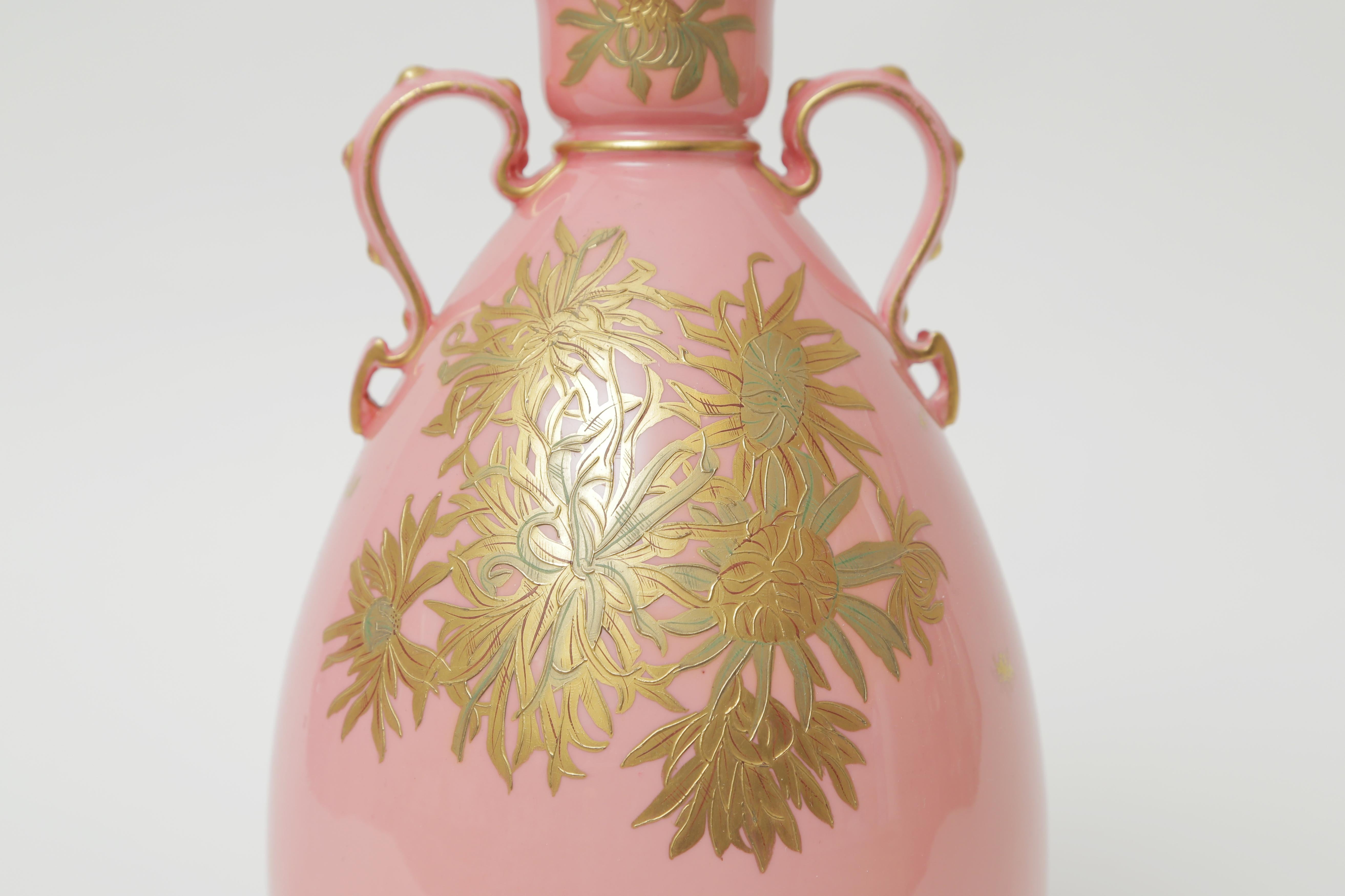 Art Nouveau Pink Gilt Encrusted Vase by Royal Crown Derby England, Antique, circa 1900