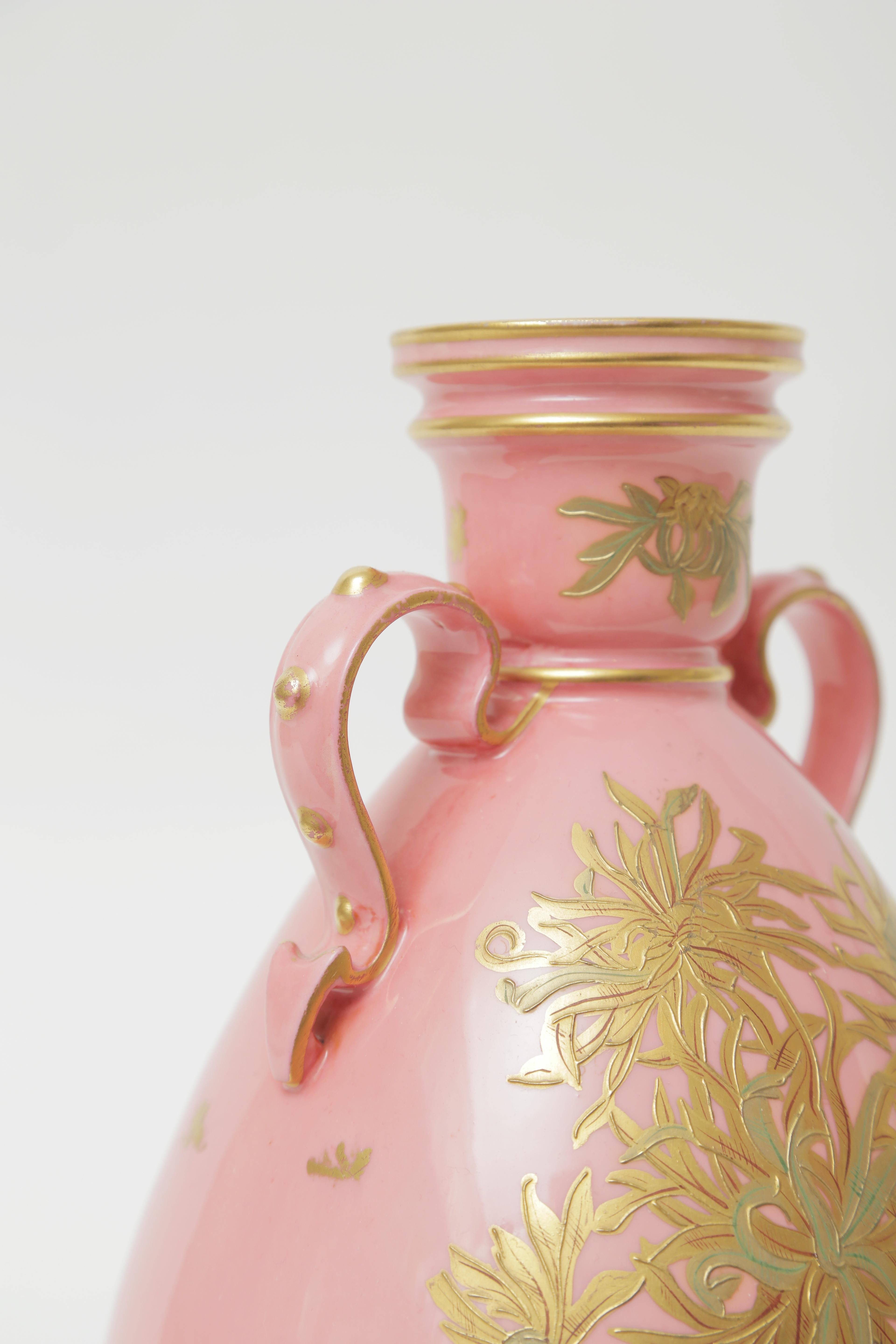 British Pink Gilt Encrusted Vase by Royal Crown Derby England, Antique, circa 1900