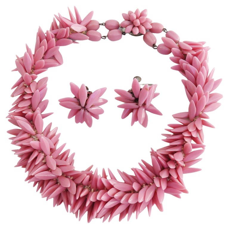Pink Glass Bead 1950s Necklace and Earring Set For Sale at 1stDibs