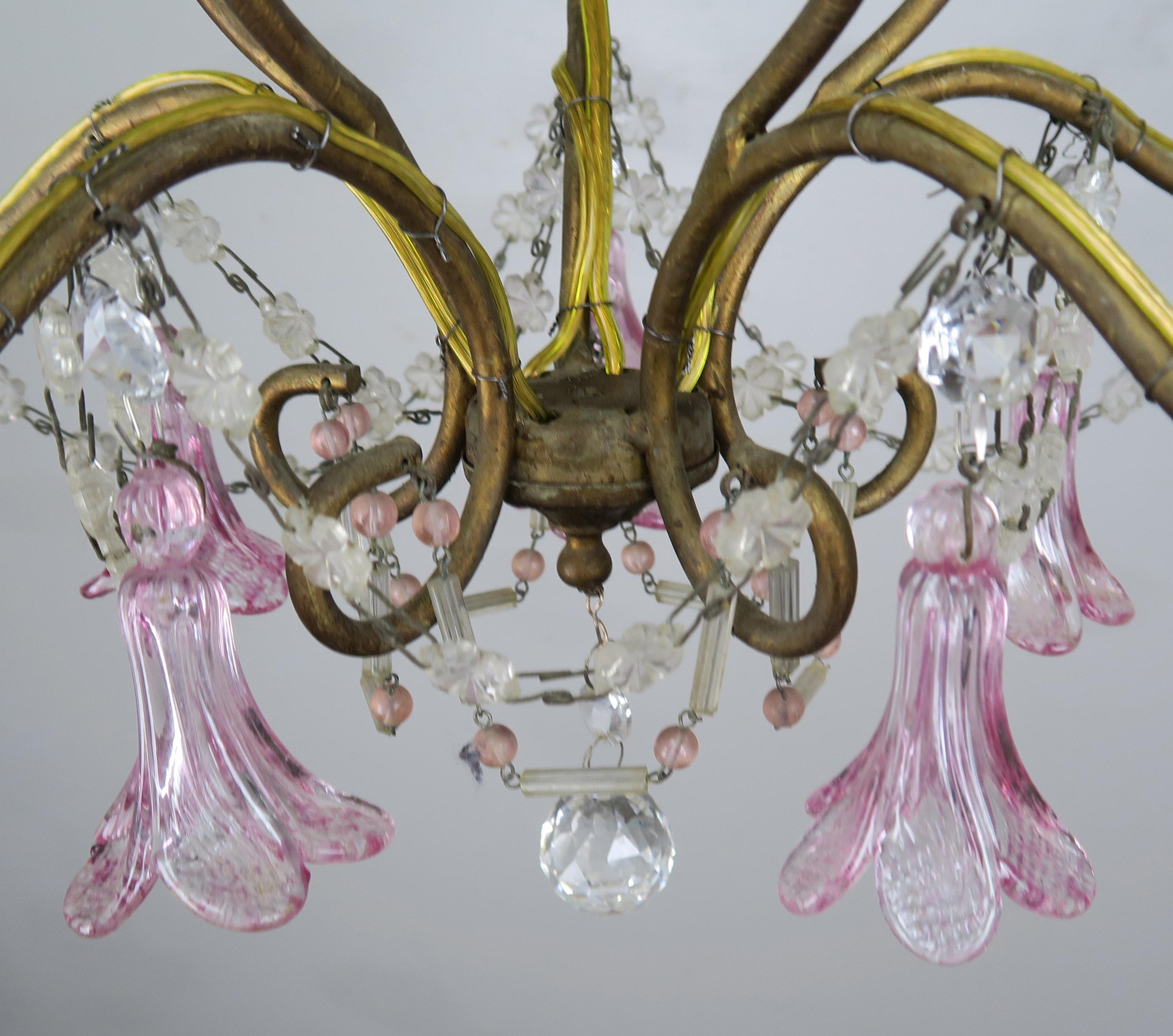 Pink Glass Four Light Italian Chandelier with Pink Flower Drops 3