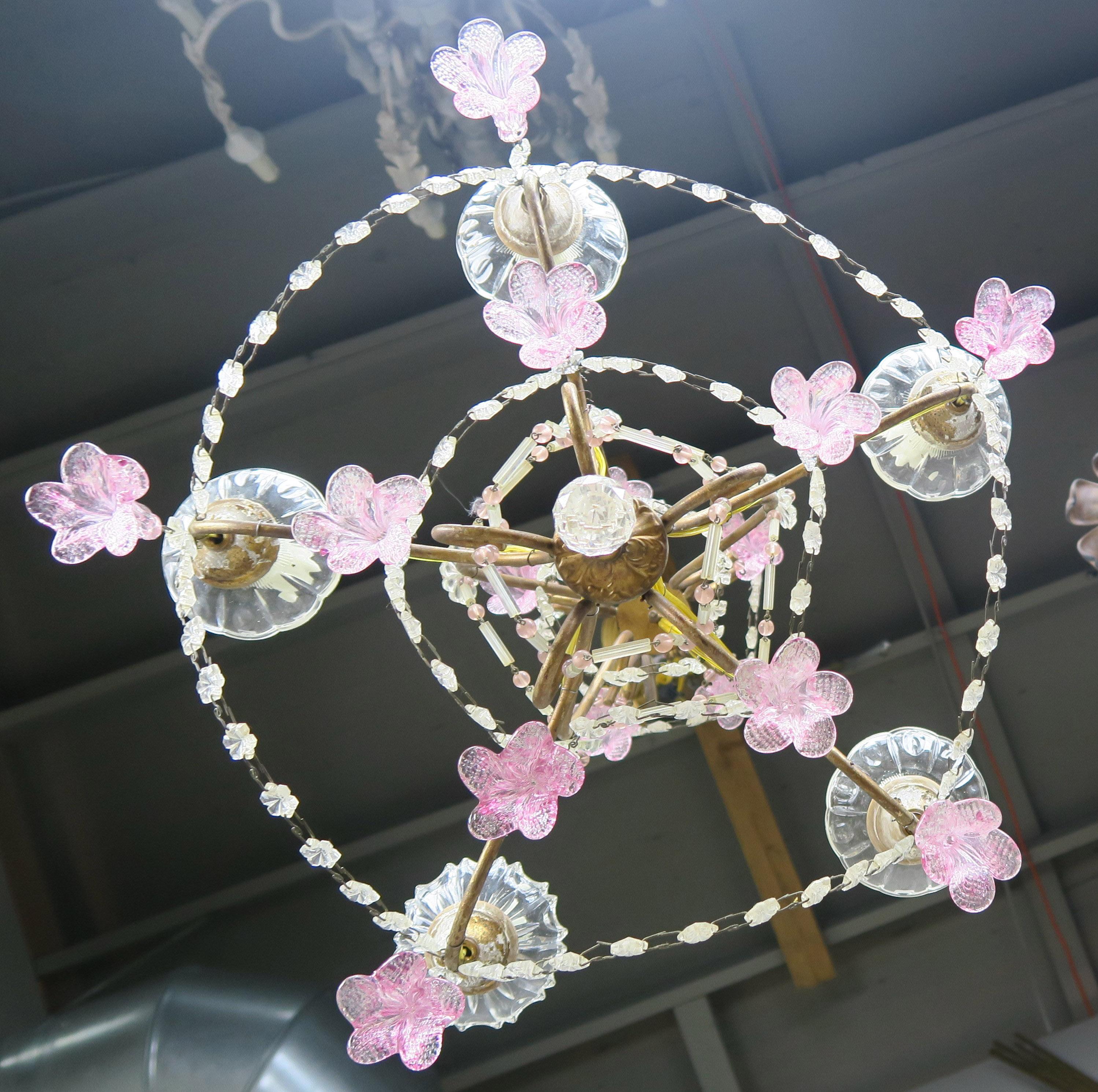 Pink Glass Four Light Italian Chandelier with Pink Flower Drops 4