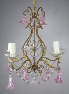 Pink Glass Four Light Italian Chandelier with Pink Flower Drops