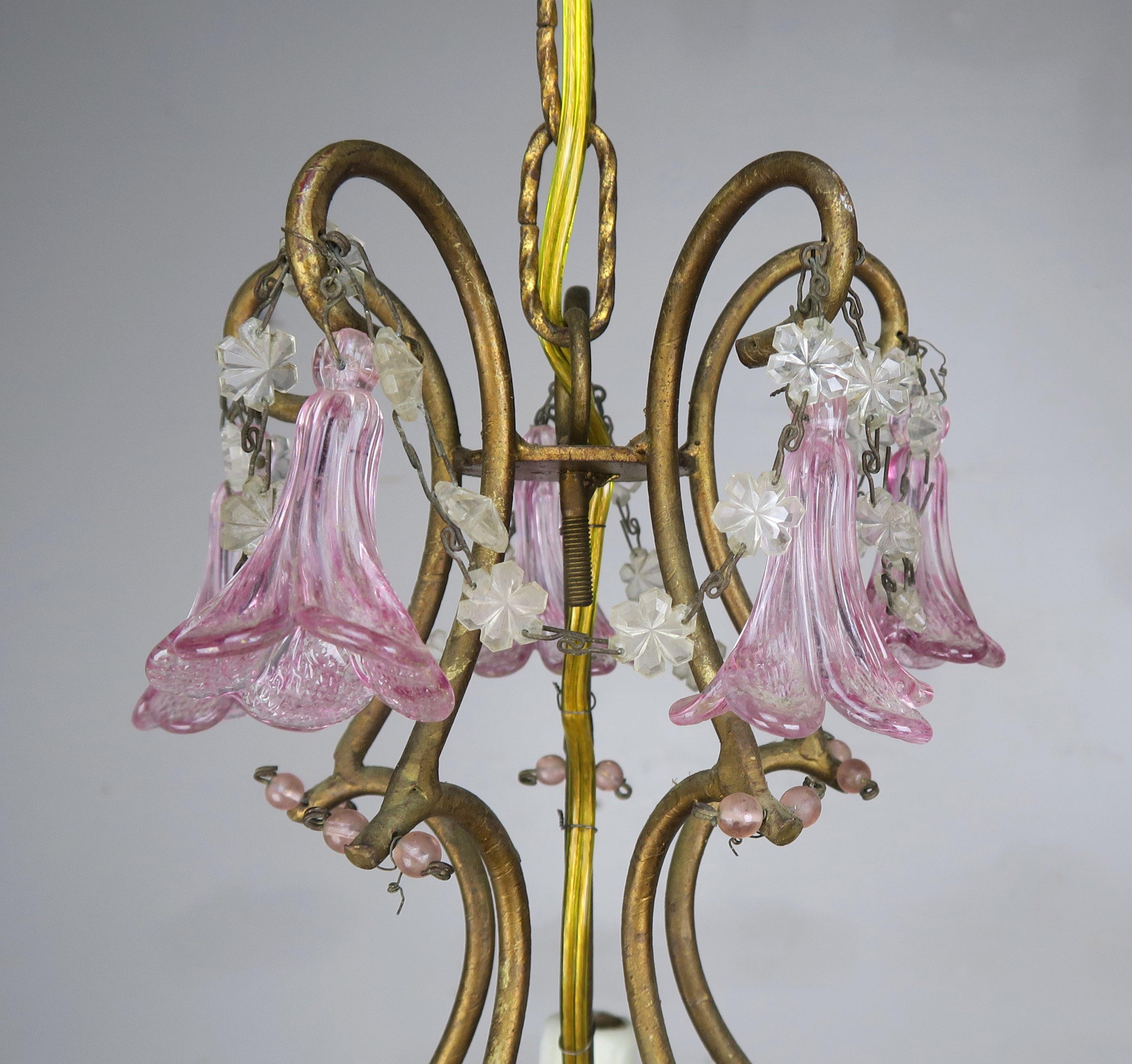 Rococo Pink Glass Four Light Italian Chandelier with Pink Flower Drops