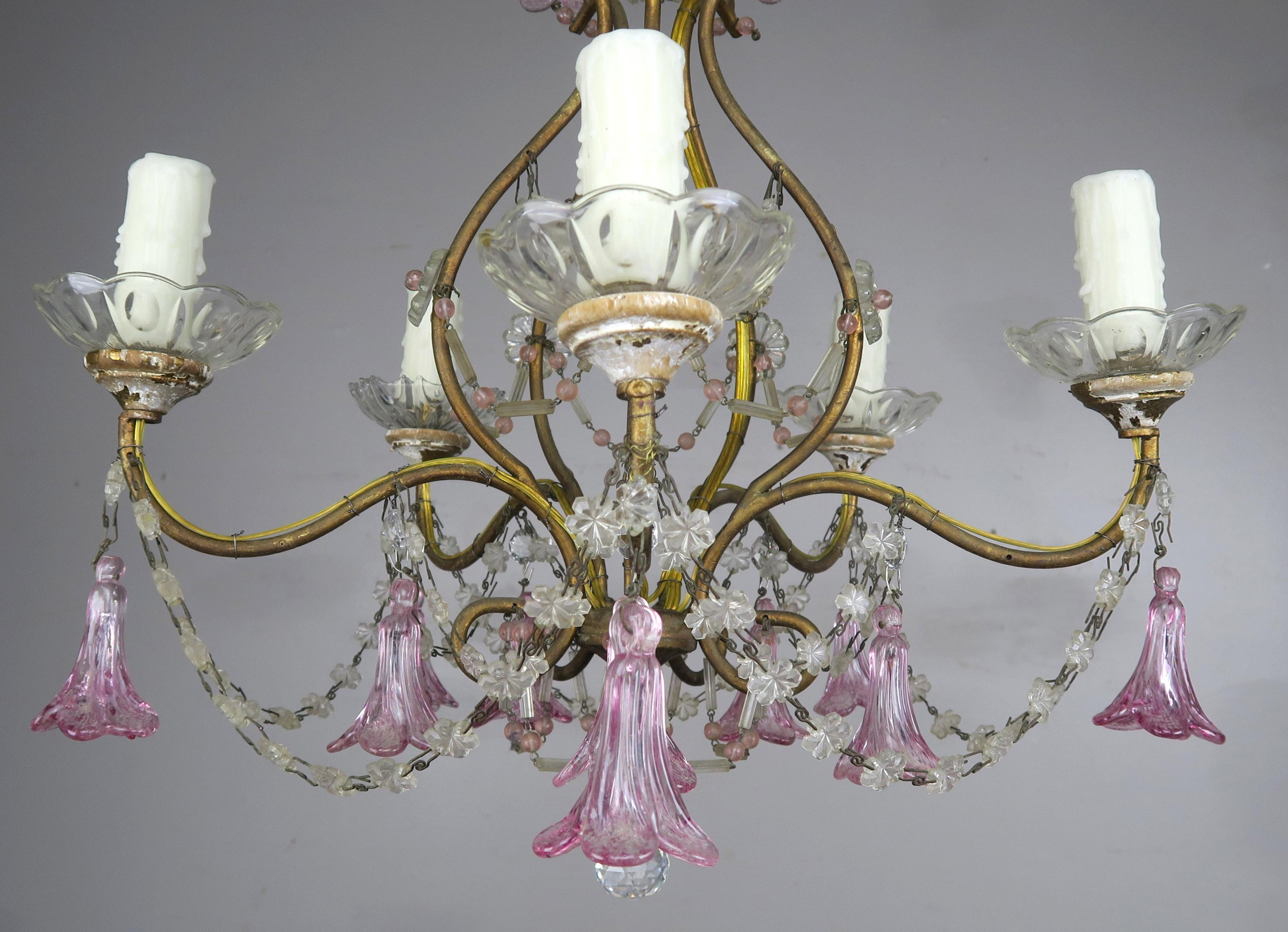 Pink Glass Four Light Italian Chandelier with Pink Flower Drops In Good Condition In Los Angeles, CA