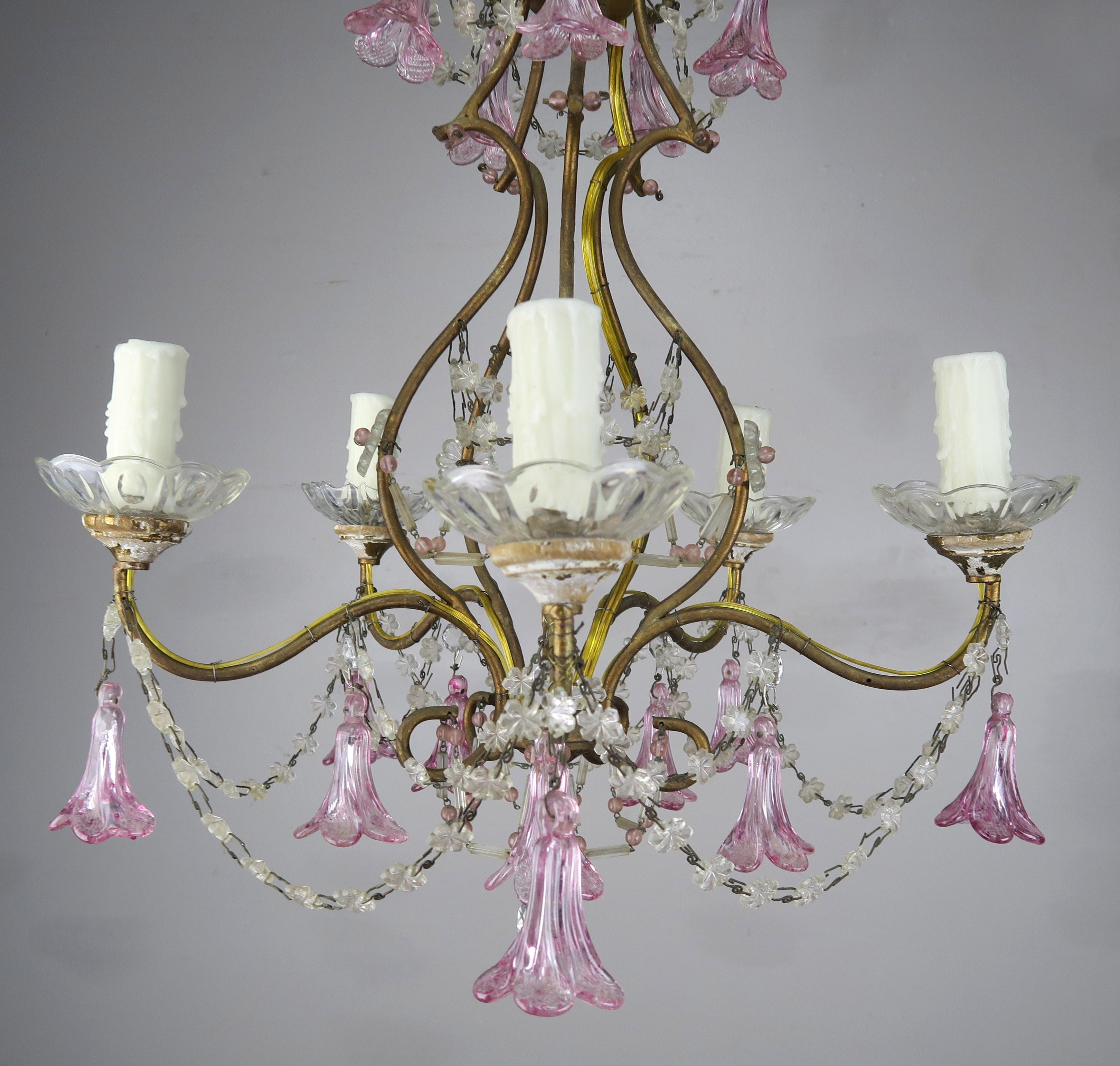 Mid-20th Century Pink Glass Four Light Italian Chandelier with Pink Flower Drops