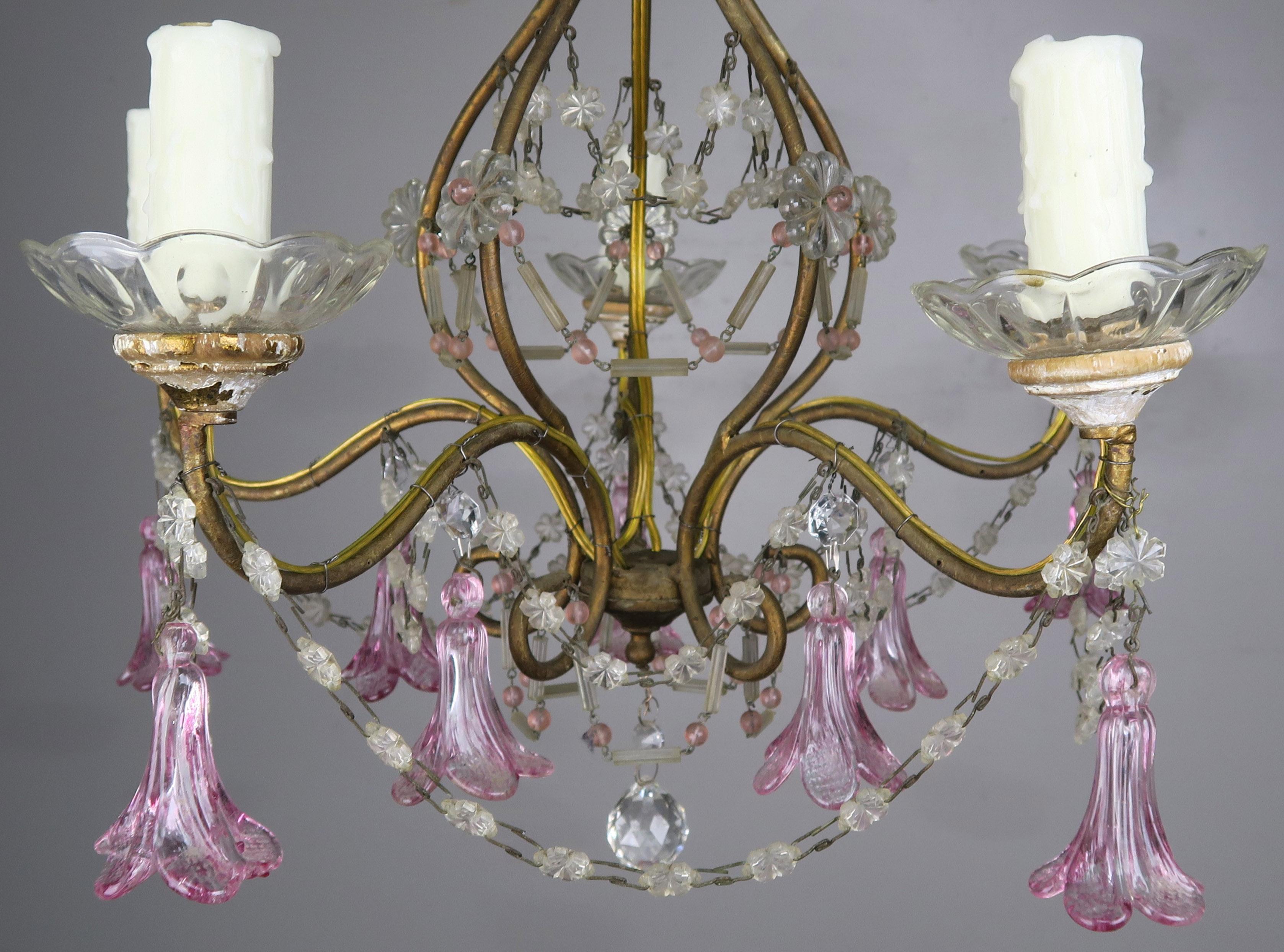 Brass Pink Glass Four Light Italian Chandelier with Pink Flower Drops