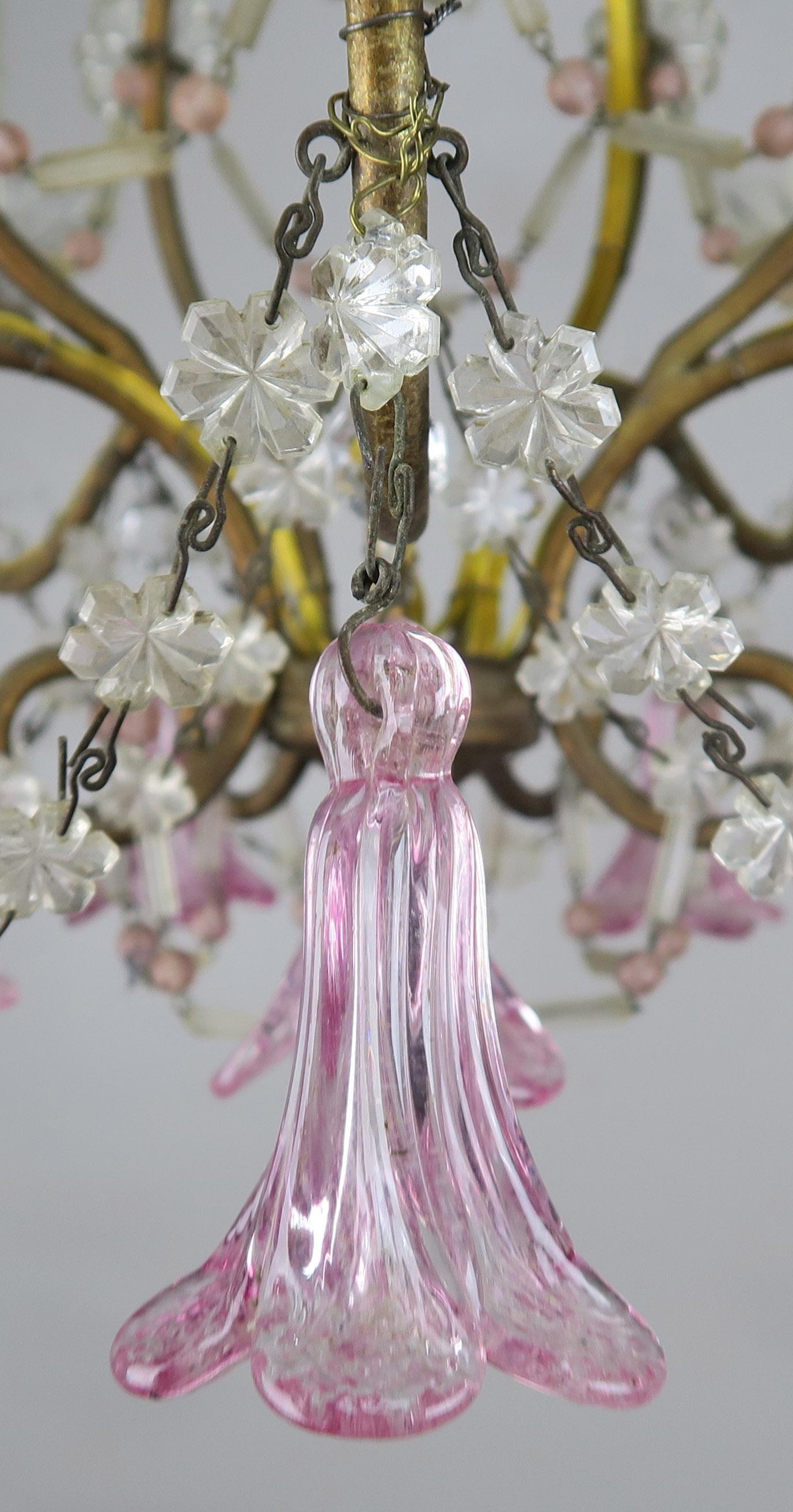 Pink Glass Four Light Italian Chandelier with Pink Flower Drops 1