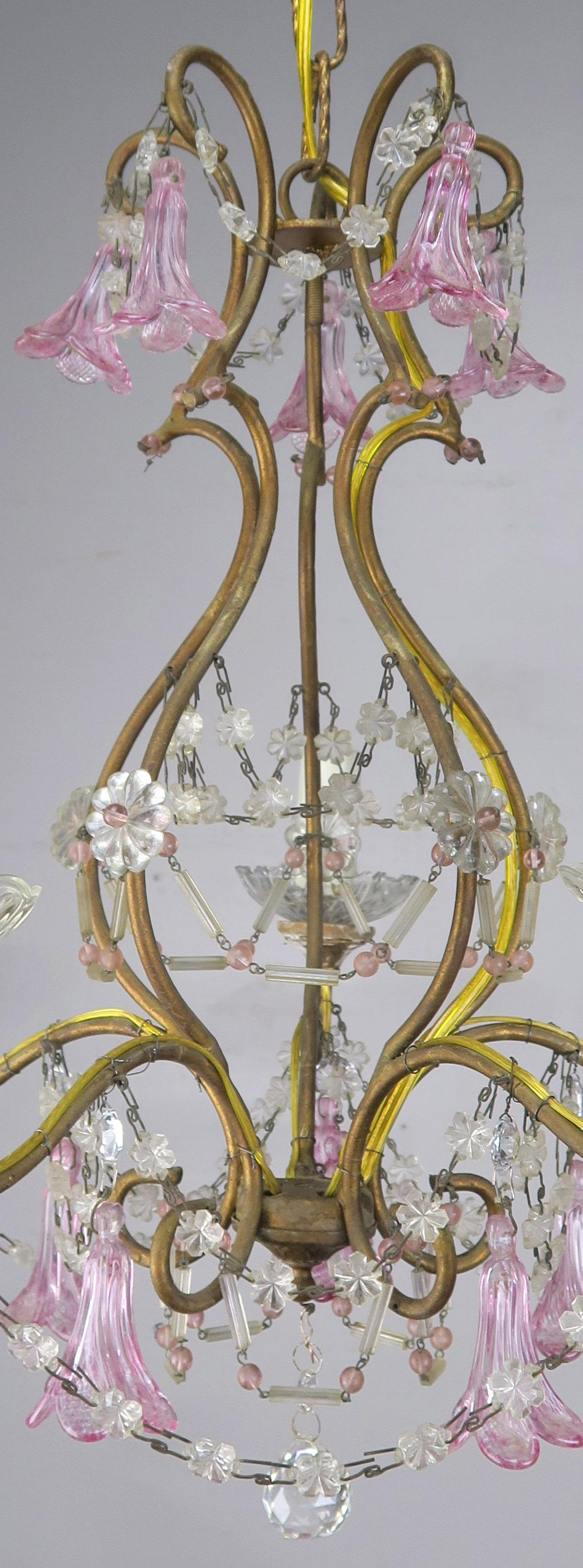 Pink Glass Four Light Italian Chandelier with Pink Flower Drops 2