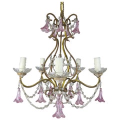 Vintage Pink Glass Four Light Italian Chandelier with Pink Flower Drops